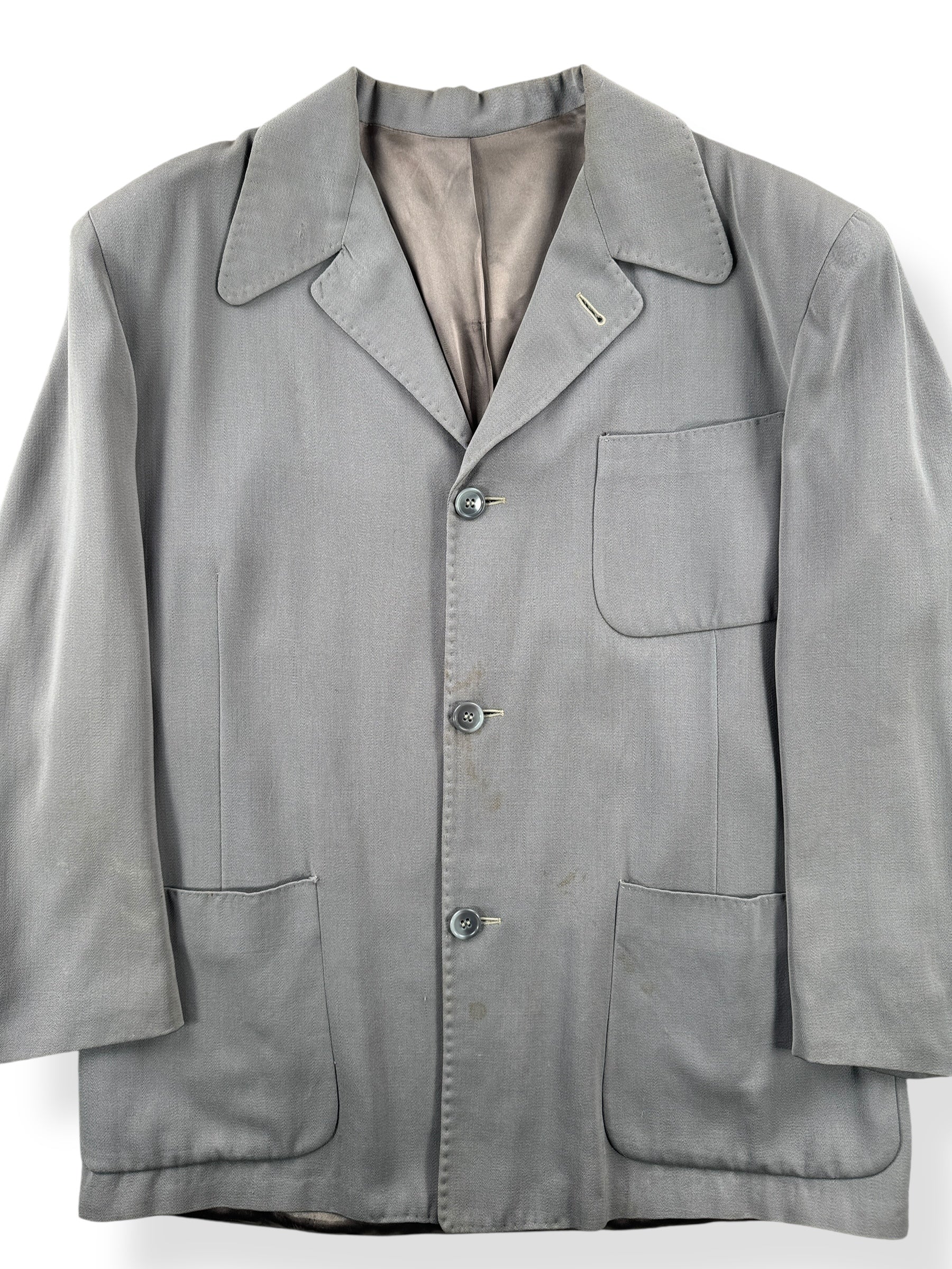 Front Close Up of Vintage Grey Gabardine Jacket with Contrast Stitching SZ L