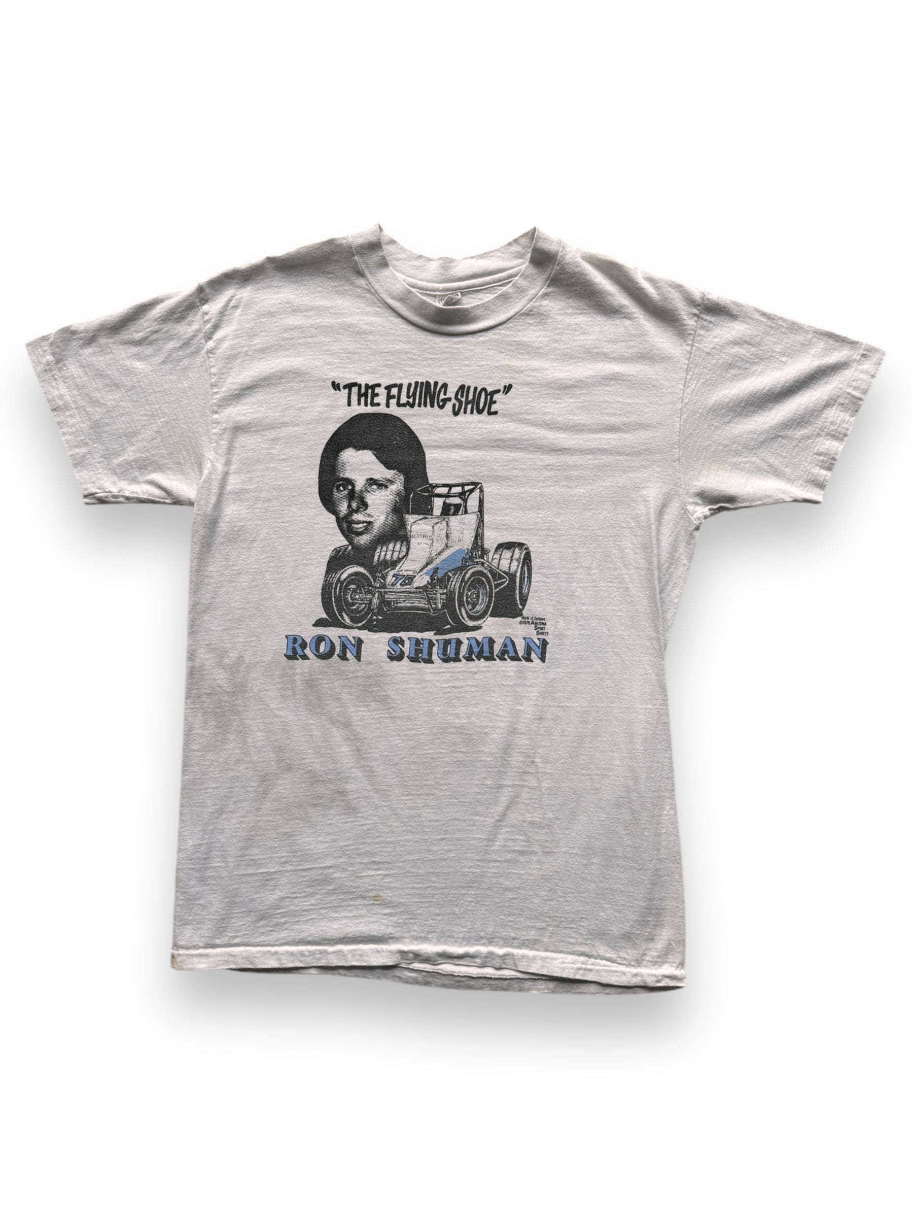 front of Vintage 1979 "The Flying Shoe" Racing Tee SZ M-L