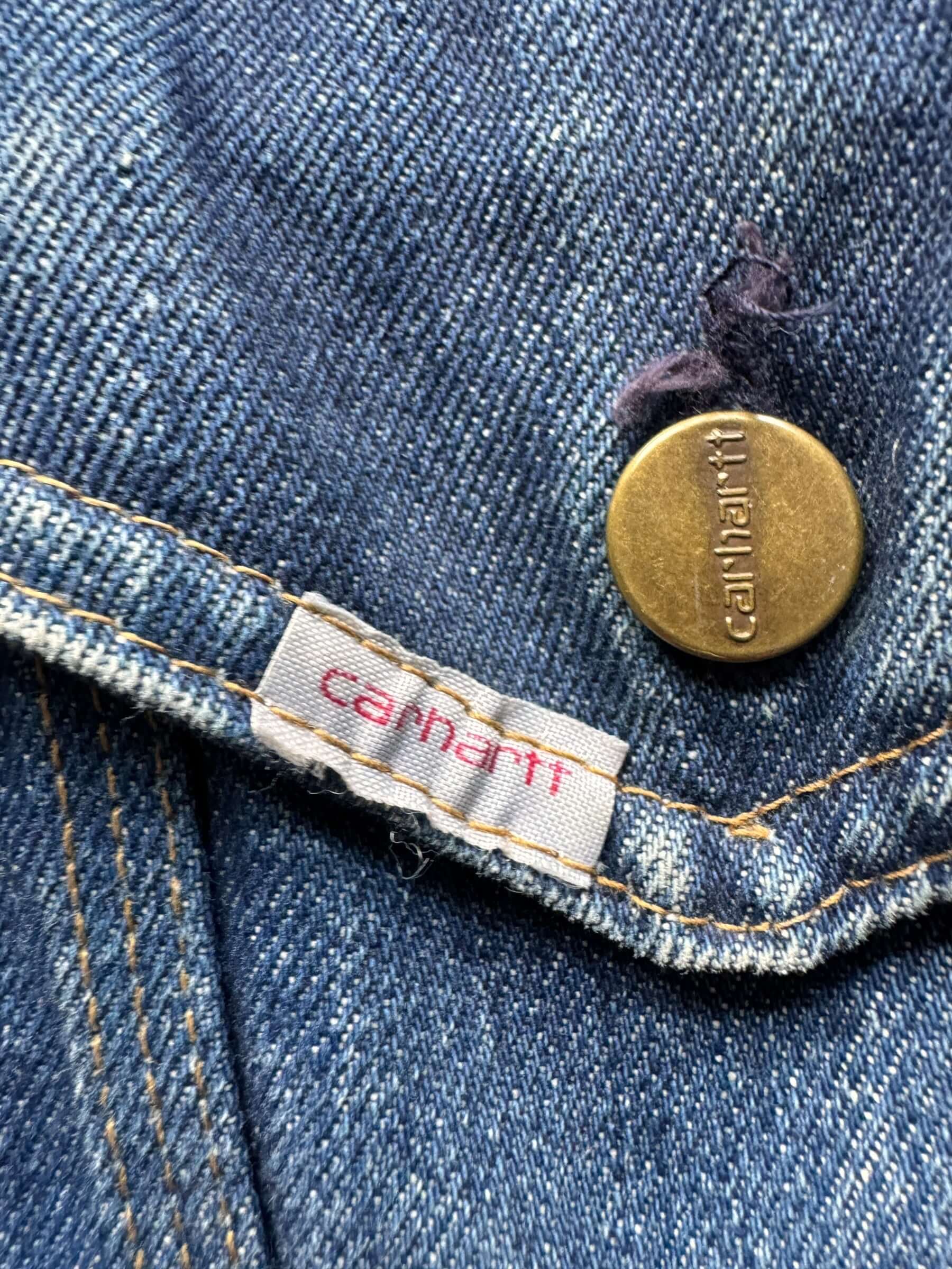 label on Vintage Carhartt Denim Blanket Lined Trucker Jacket SZ 42L