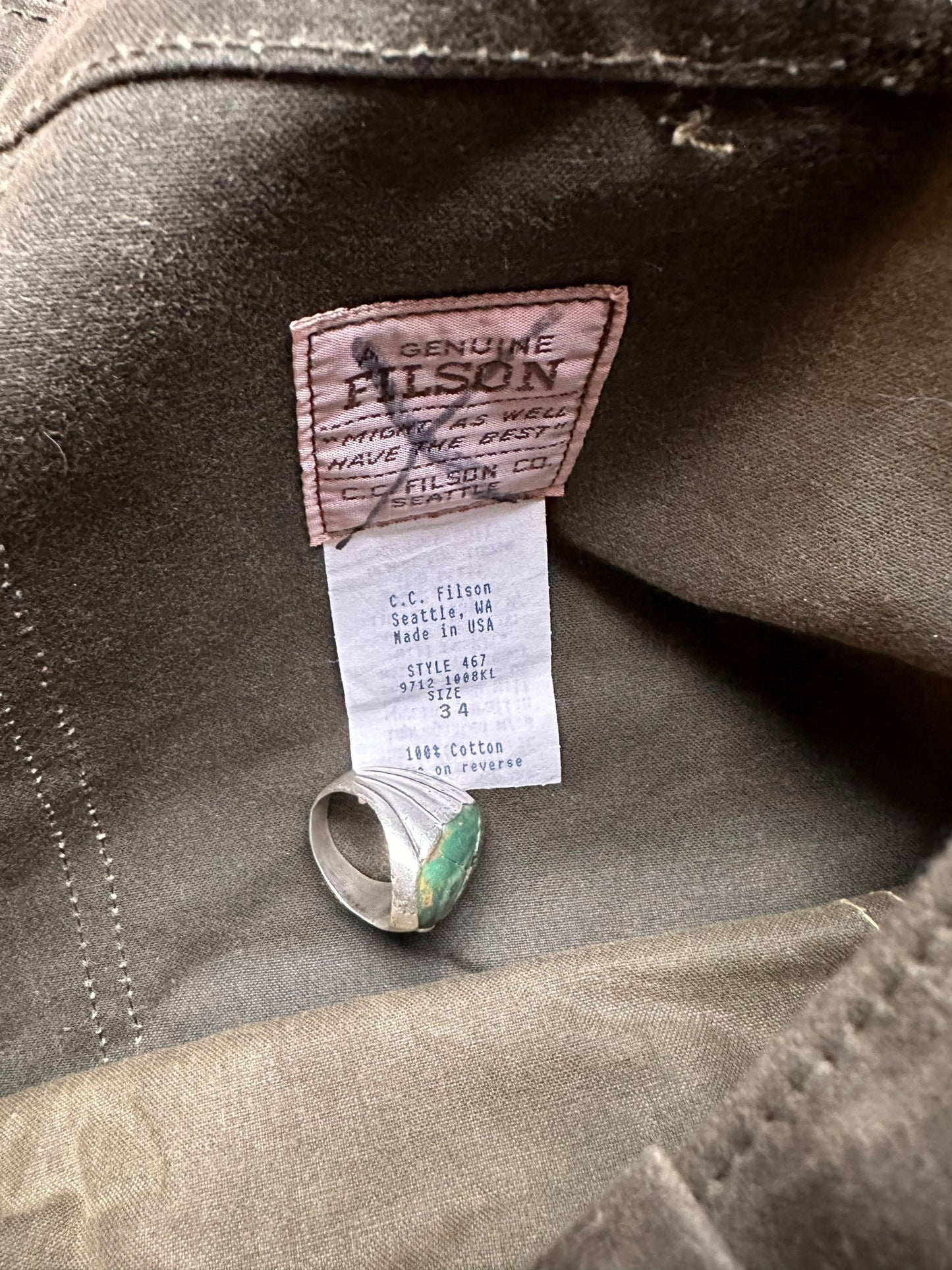 Tag View of Vintage Filson Tin Cloth Double Hunting Pants W34 |  Barn Owl Vintage Goods | Filson Bargain Outlet Seattle