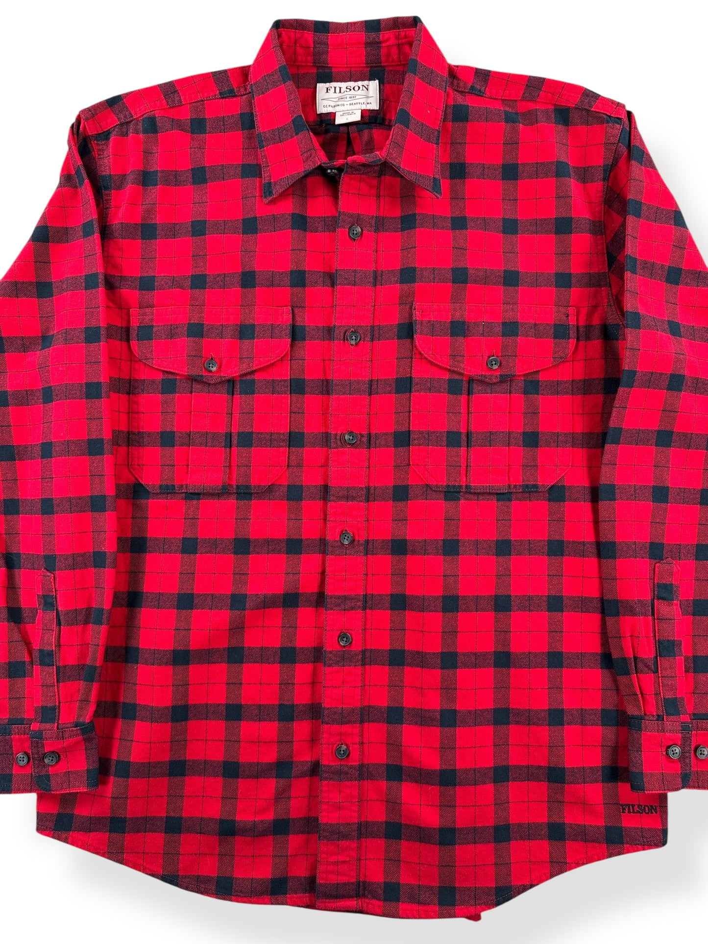 Front Close Up of Filson Red & Black Alaskan Guide Shirt SZ L