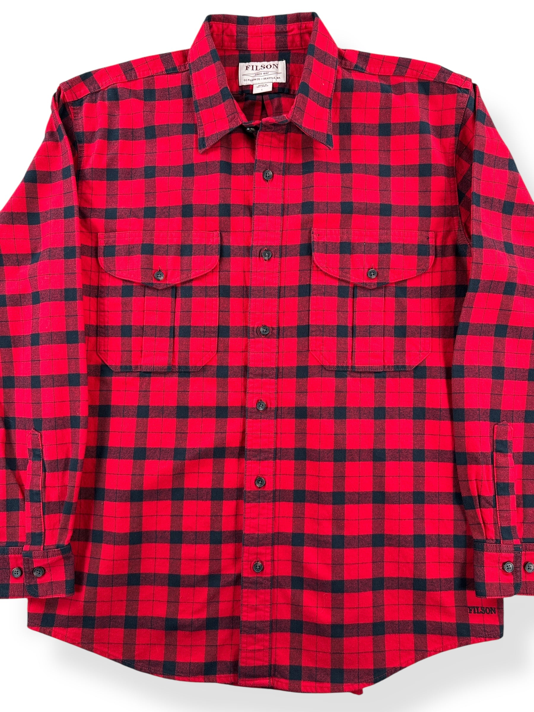 Front Close Up of Filson Red & Black Alaskan Guide Shirt SZ L