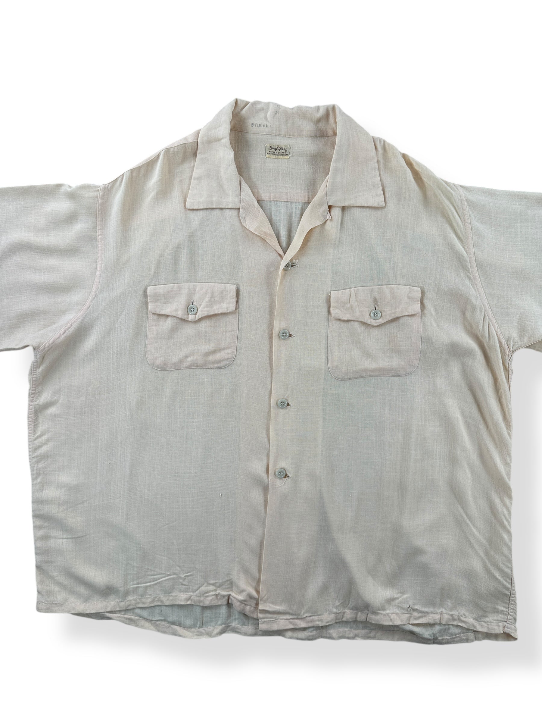 Front Close Up of Vintage Long Wear Short Sleeve Loop Collar Shirt SZ XL