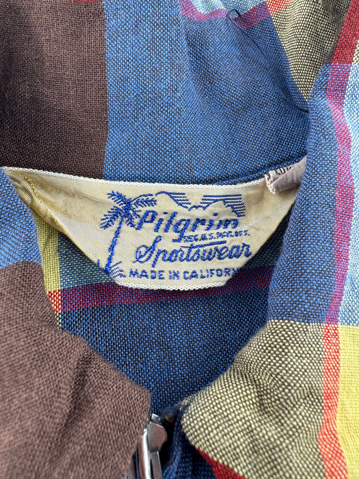 Tag on Vintage 50s Pilgrim Plaid Rayon Gaucho Shirt SZ M
