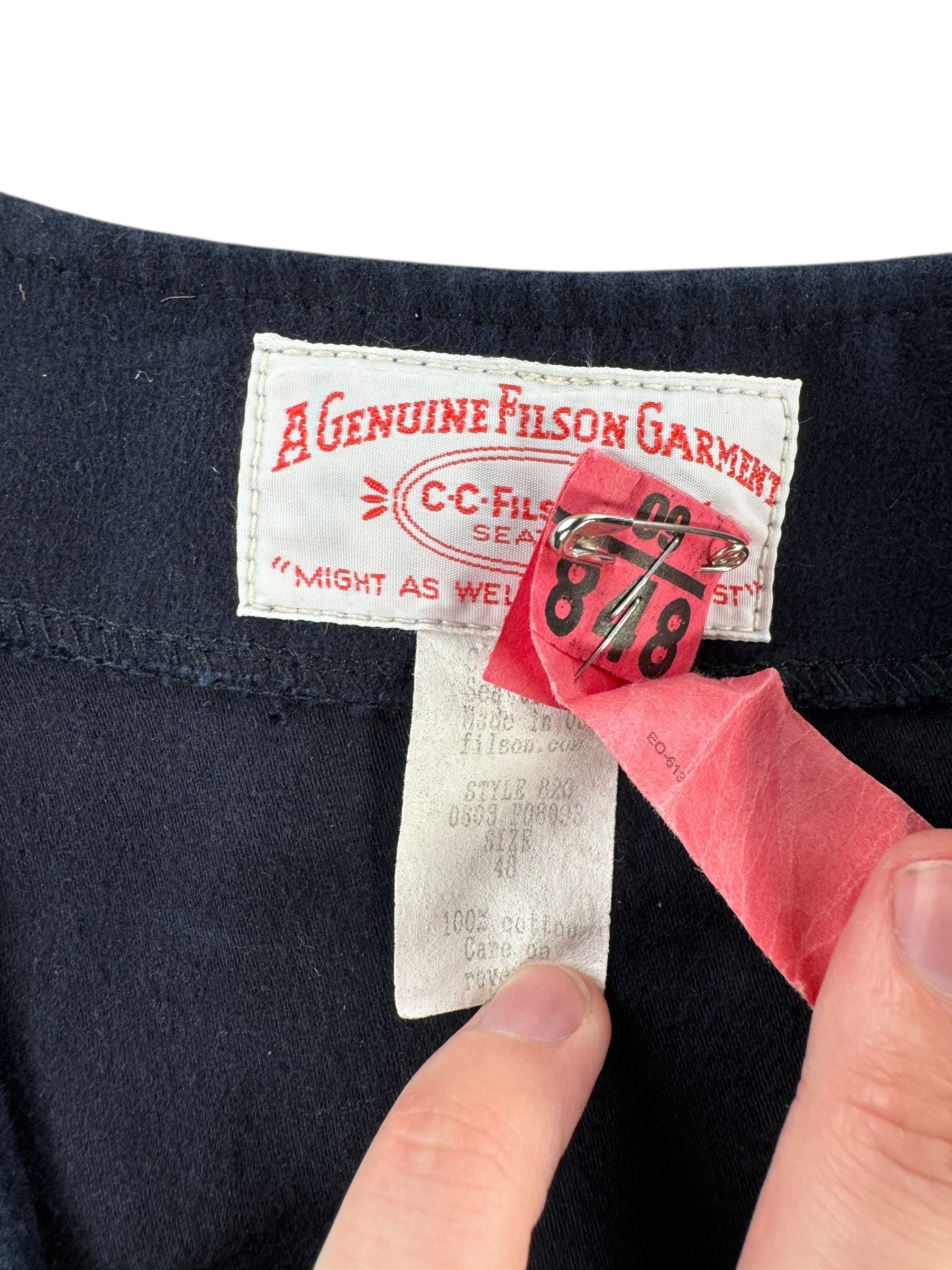 Label on Vintage Dark Blue Filson Moleskin Vest SZ 48