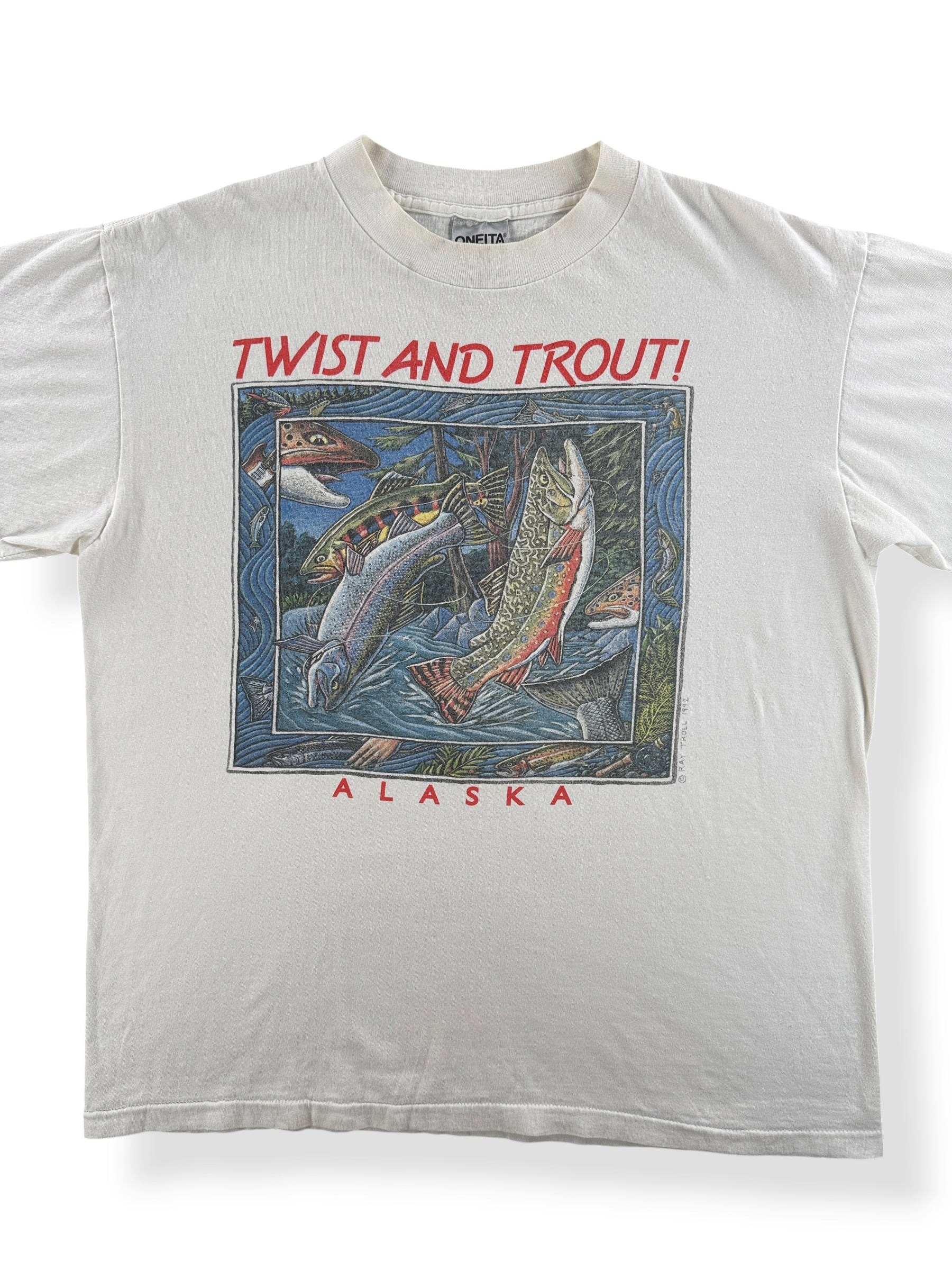 Front Close Up of Vintage 90s Ray Troll Twist and Trout Tee SZ L