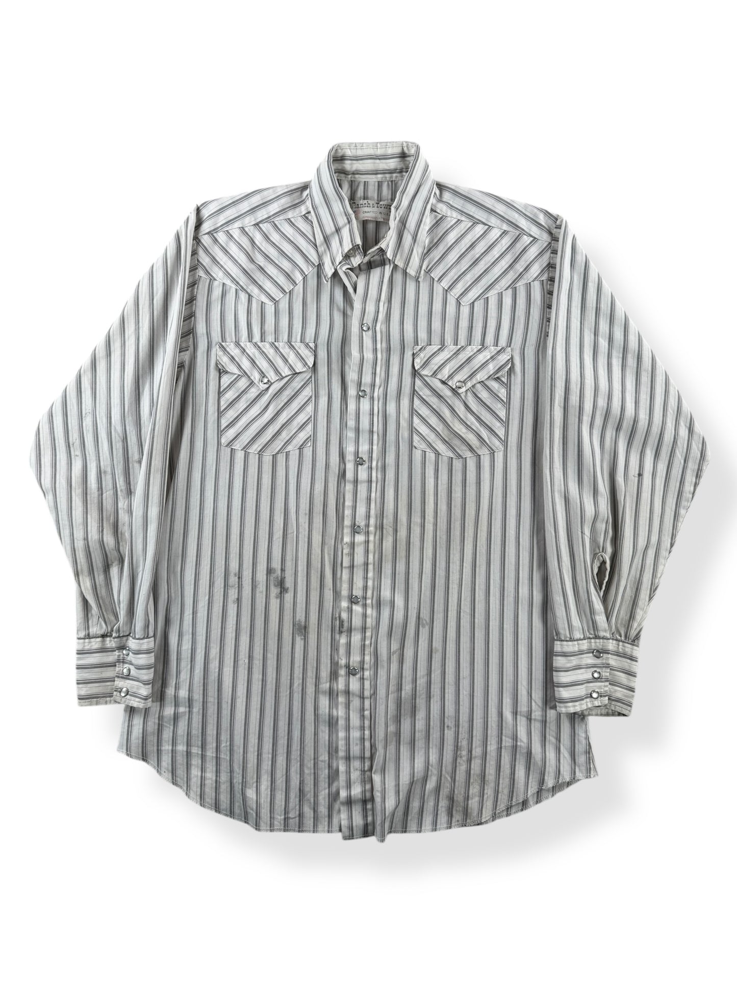 Front of Vintage Ranch & Town Cotton Blend Pearl Snap Shirt SZ 16-34 (L)