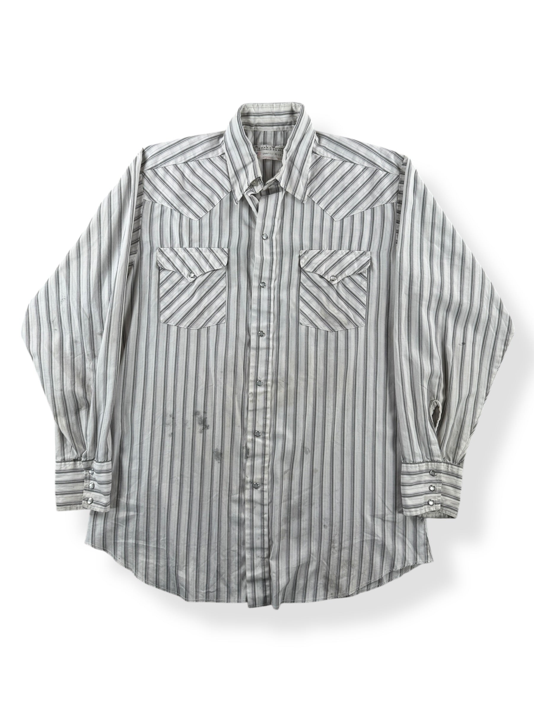 Front of Vintage Ranch & Town Cotton Blend Pearl Snap Shirt SZ 16-34 (L)