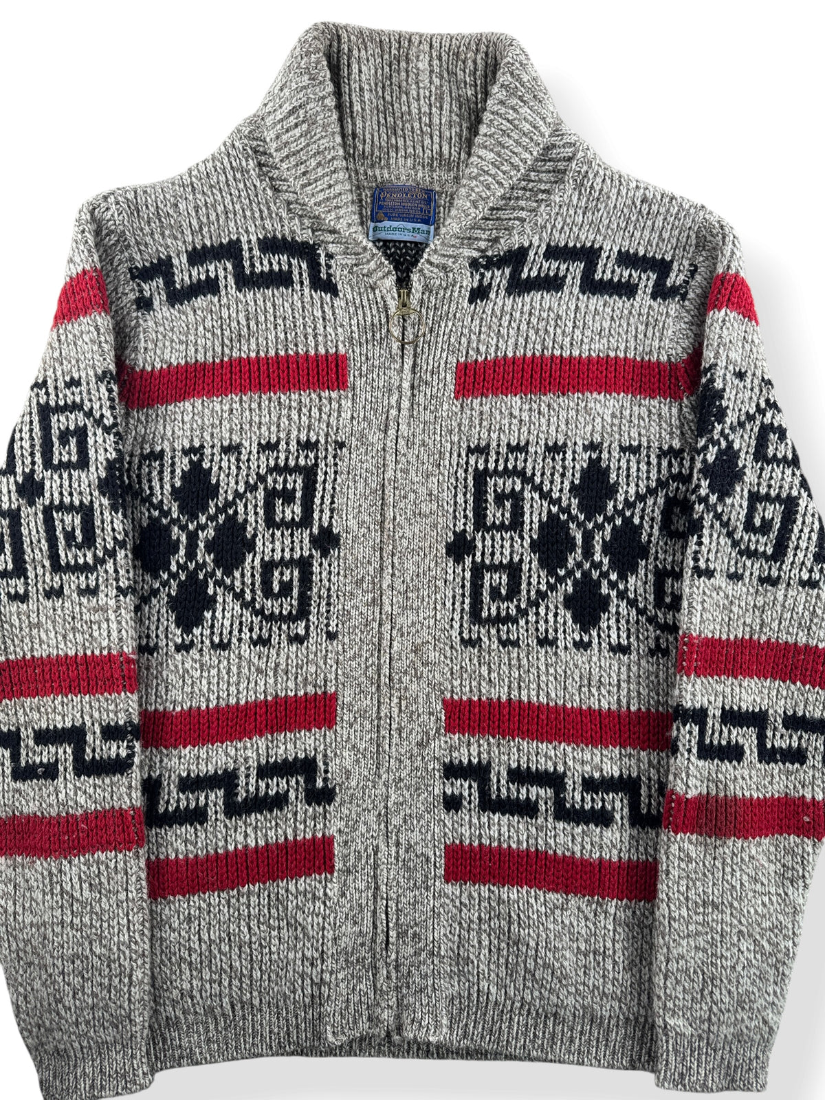 Close-up of Vintage 70s Pendleton Aztec Shawl Collar Sweater SZ L - AS IS