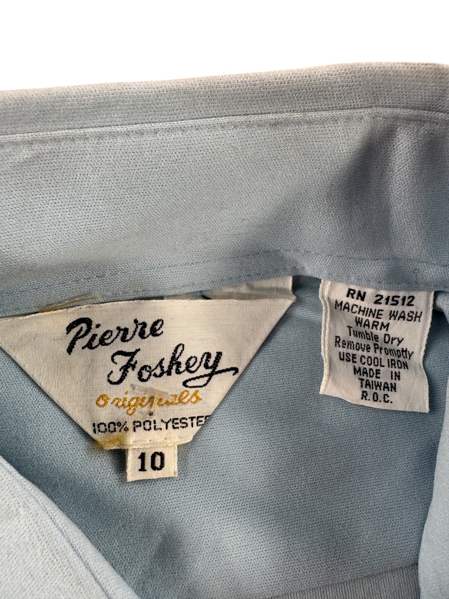 Tag on Vintage 70s Pierre Foshey Poly Button Up Shirt SZ XS