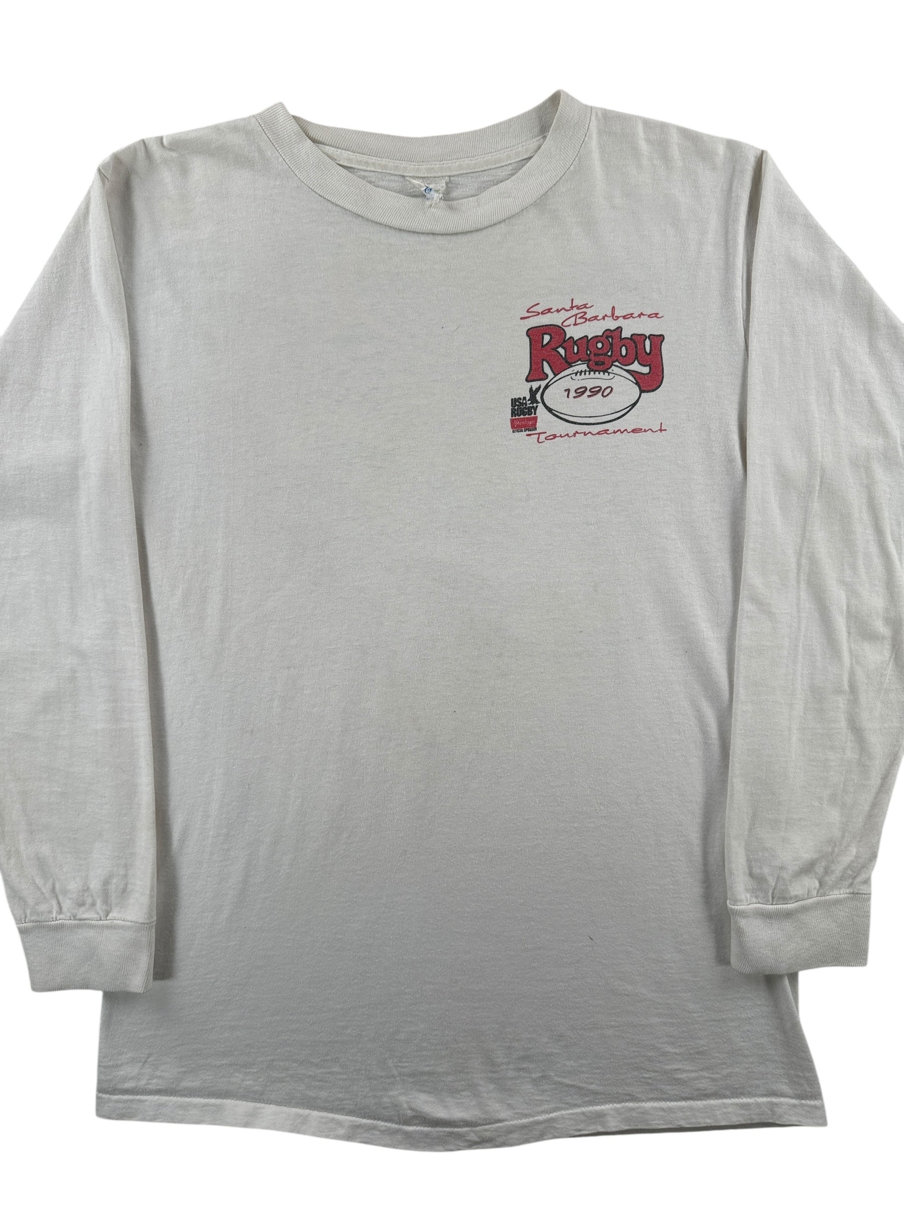 Front Close Up of Vintage Long Sleeve 1990 Santa Barbara Rugby Tournament Tee SZ L