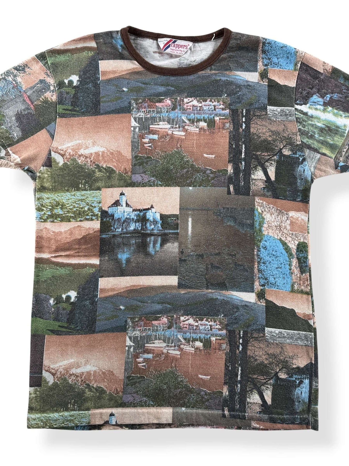 Front Close Up of Vintage Coastal AOP Polyester Tee SZ M
