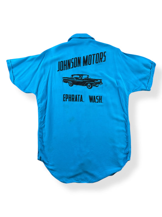 Back of Vintage Johnson Motors Ephrata WA Bowling Shirt SZ M
