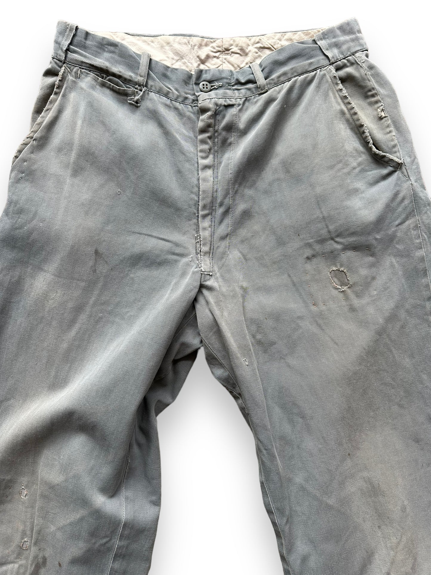 Upper Front View of Vintage 1950's Penneys Work Trousers W30 | Barn Owl Vintage Seattle | Vintage Grey Chinos Seattle