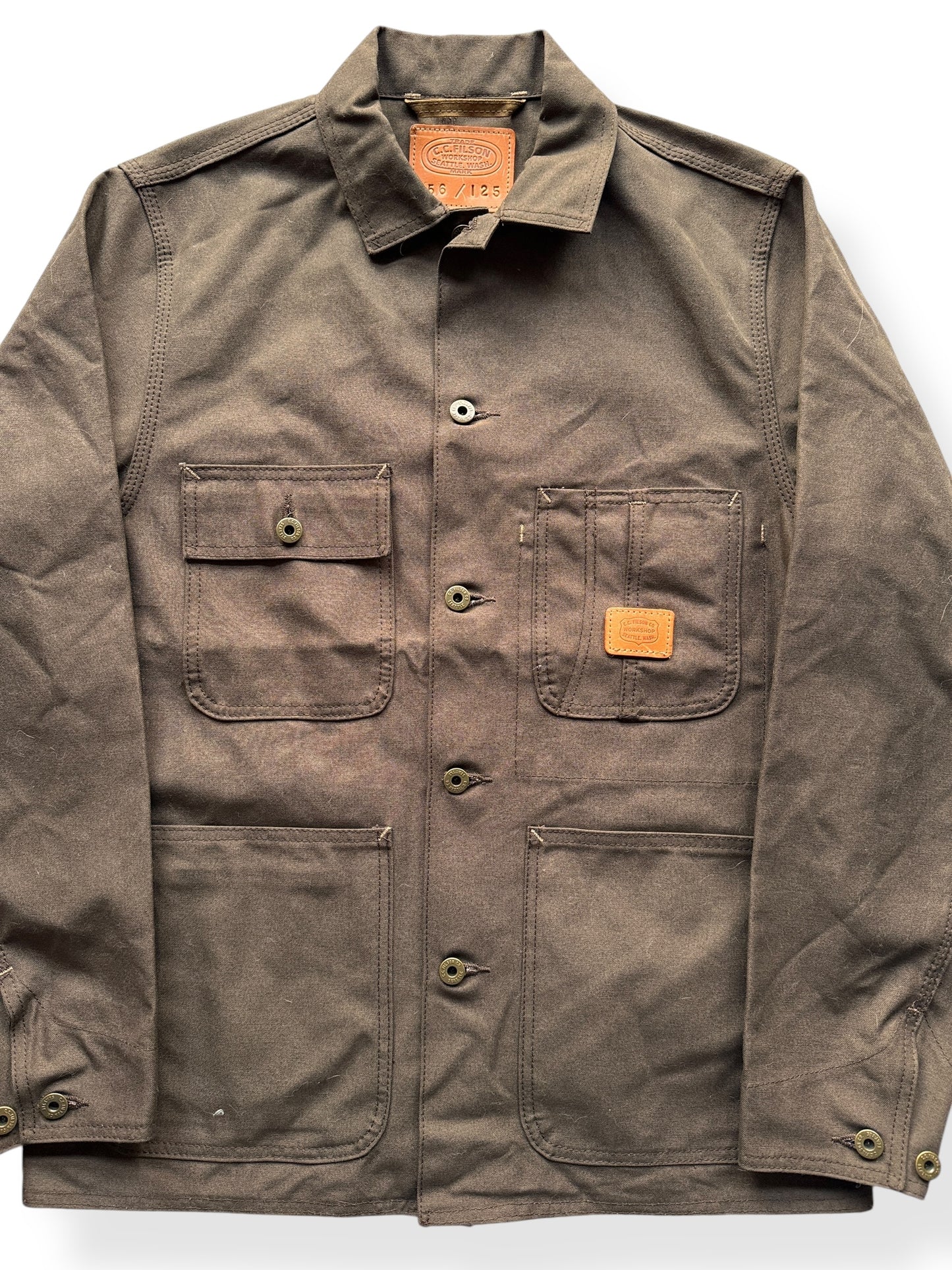 Front Close Up of Filson Brown Workshop Jacket SZ S