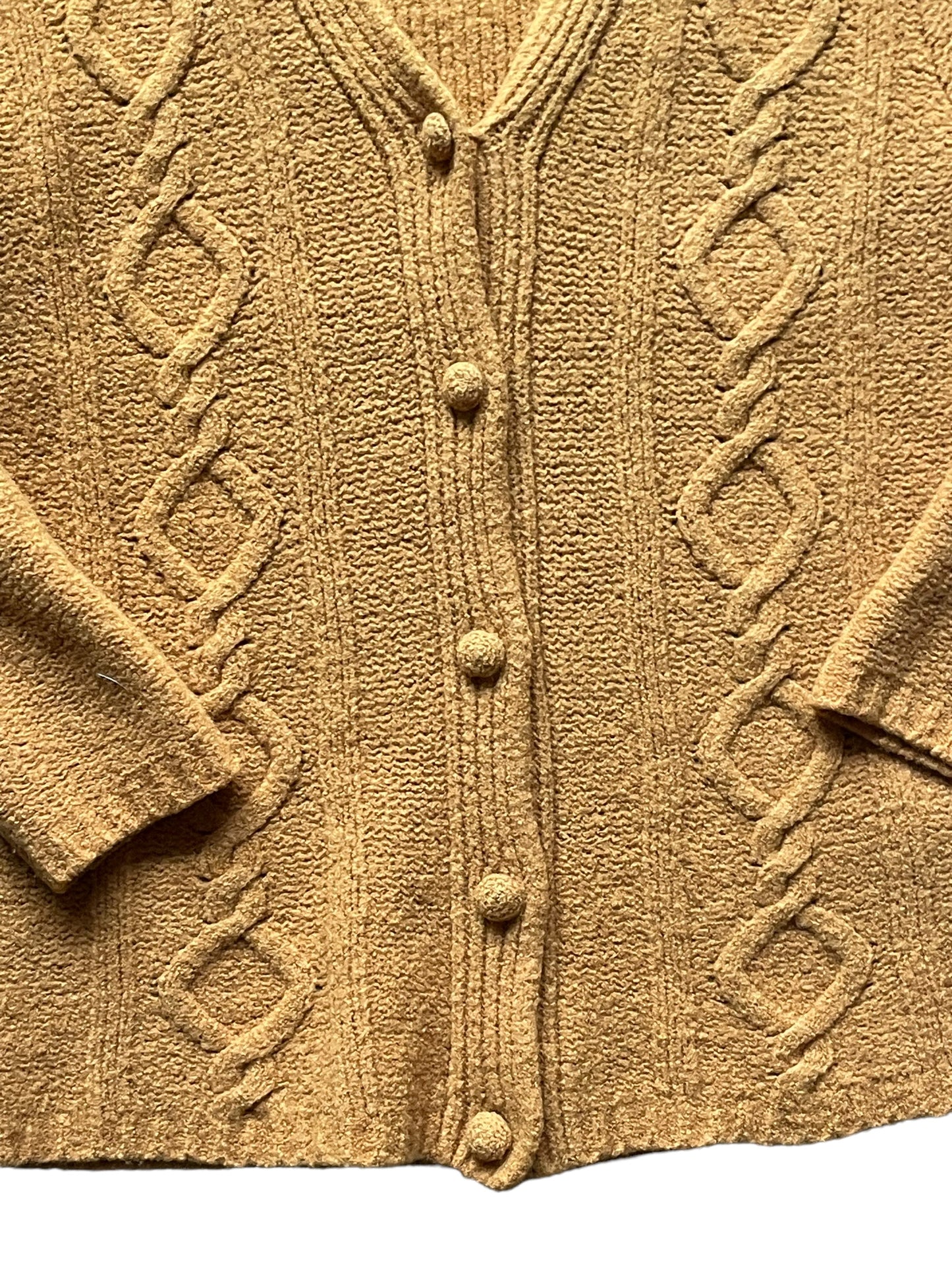Front button view of Vintage Pumpkin Cable Knit Cardigan SZ S-M | Seattle Ladies Vintage | Barn Owl Seattle