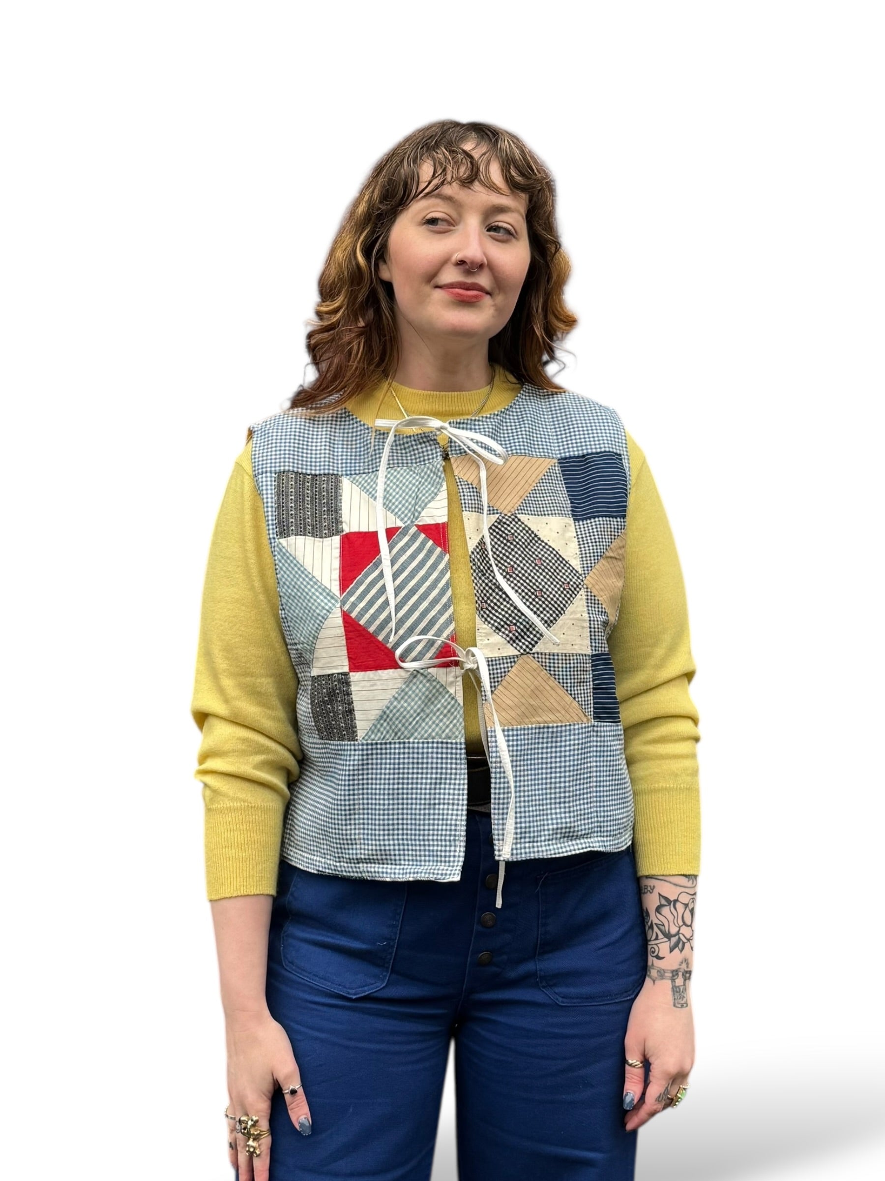 On Body Front of Archive Craft X Barn Owl Vintage Quilt Tie Tank SZ M