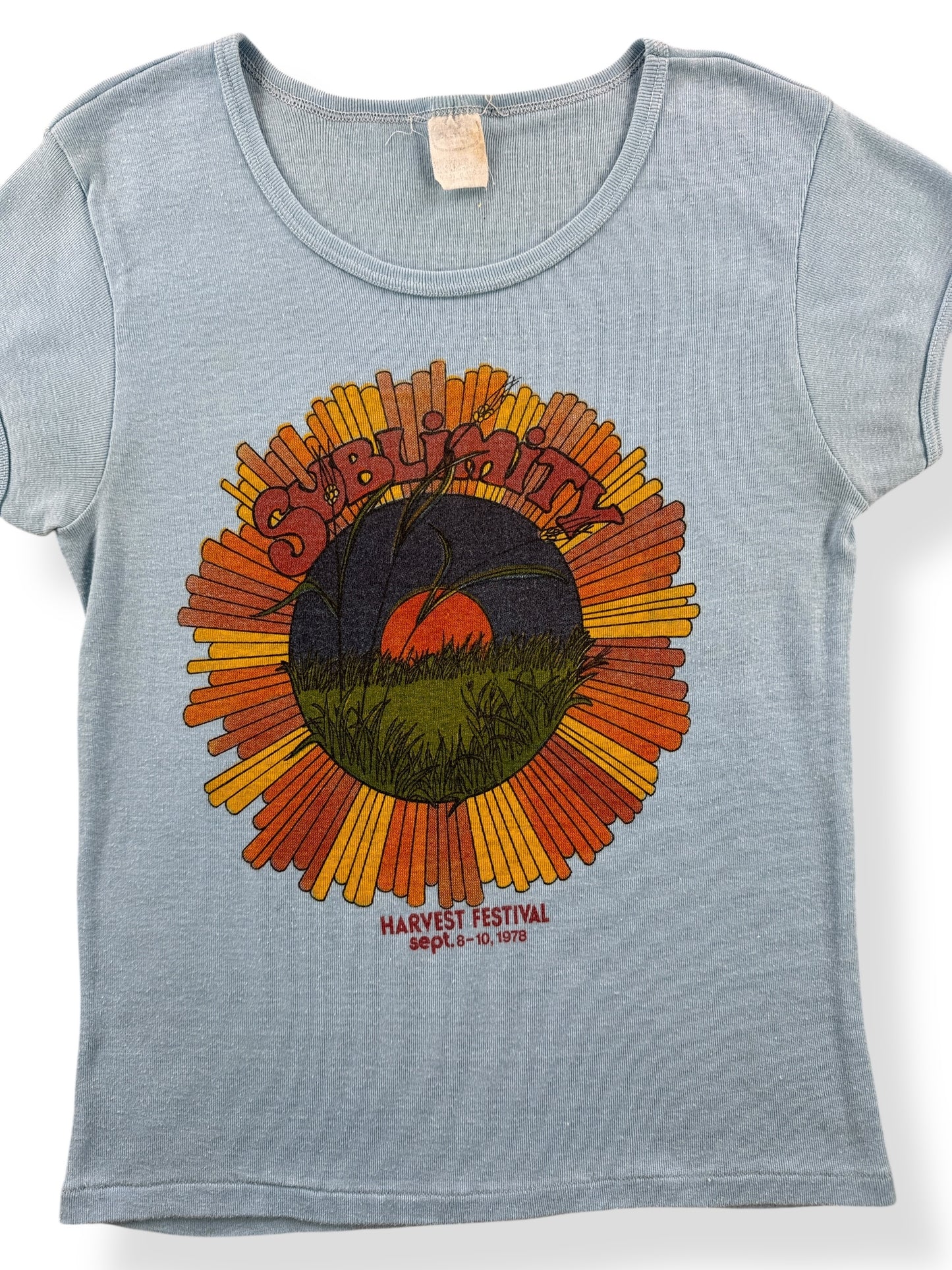Front Close Up of Vintage 1978 Ladies Sublimity Harvest Festival Tee SZ L