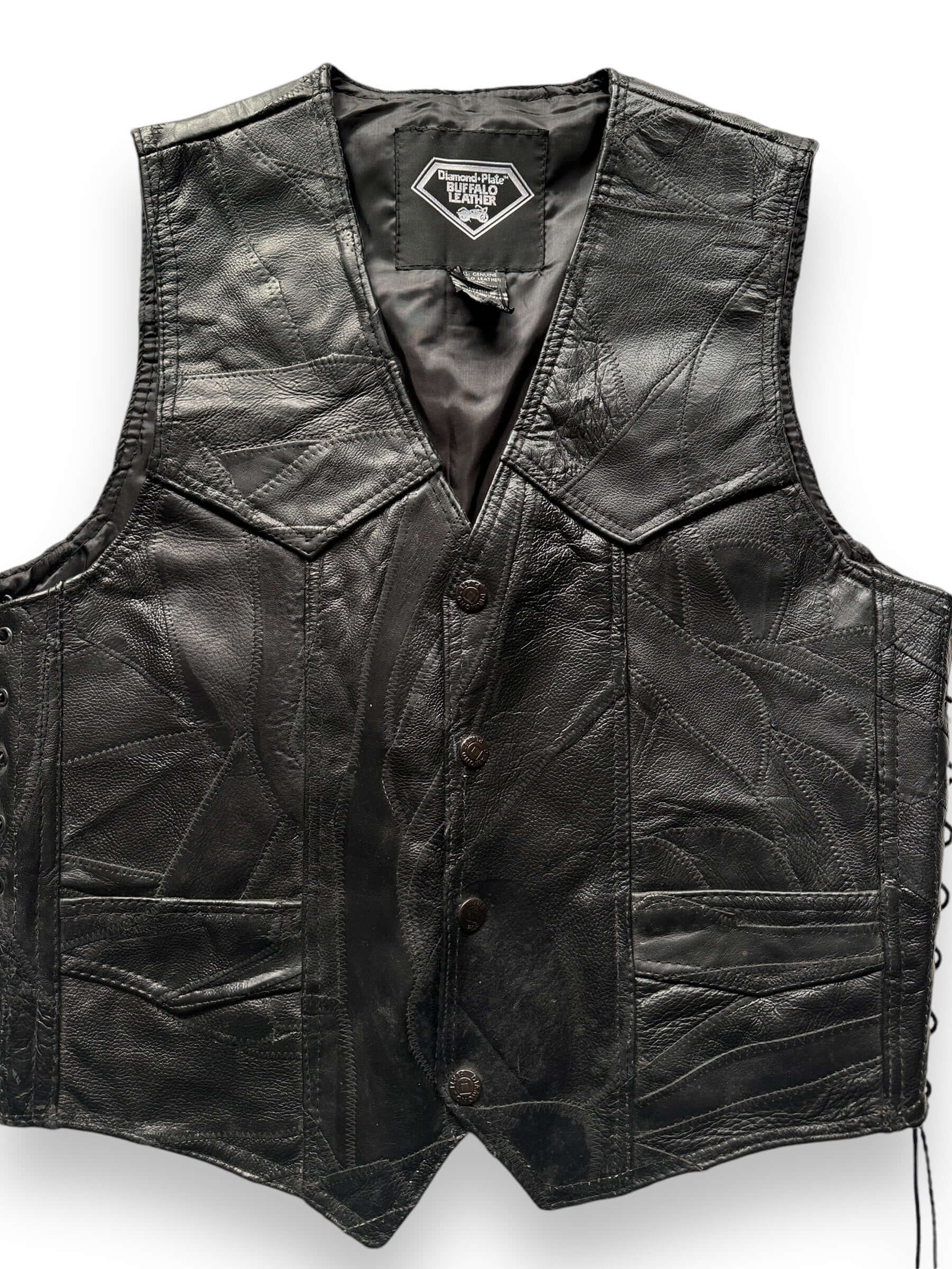 front close up of Vintage Buffalo Leather Patchwork Vest SZ M