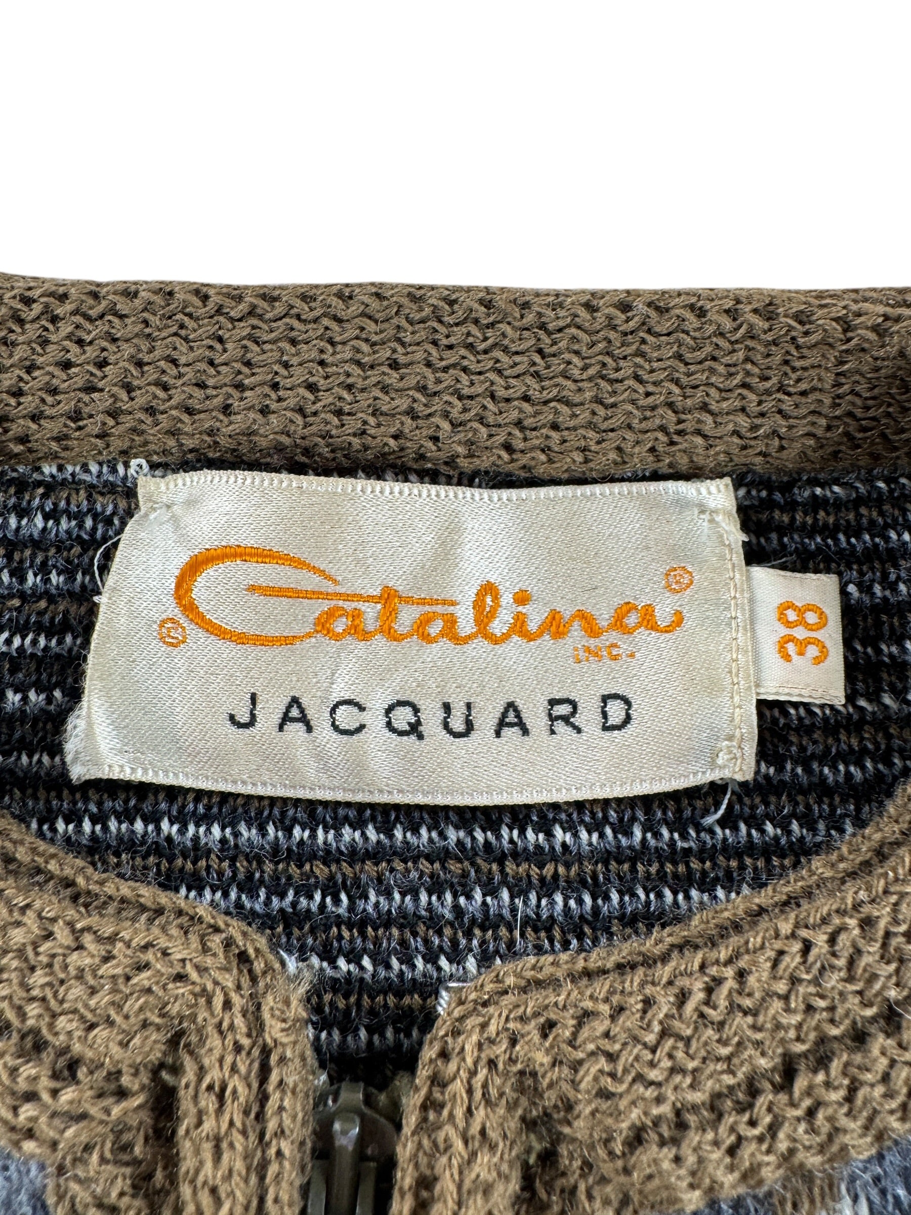 Label on Vintage Catalina Jacquard Zip Up Sweater SZ 38