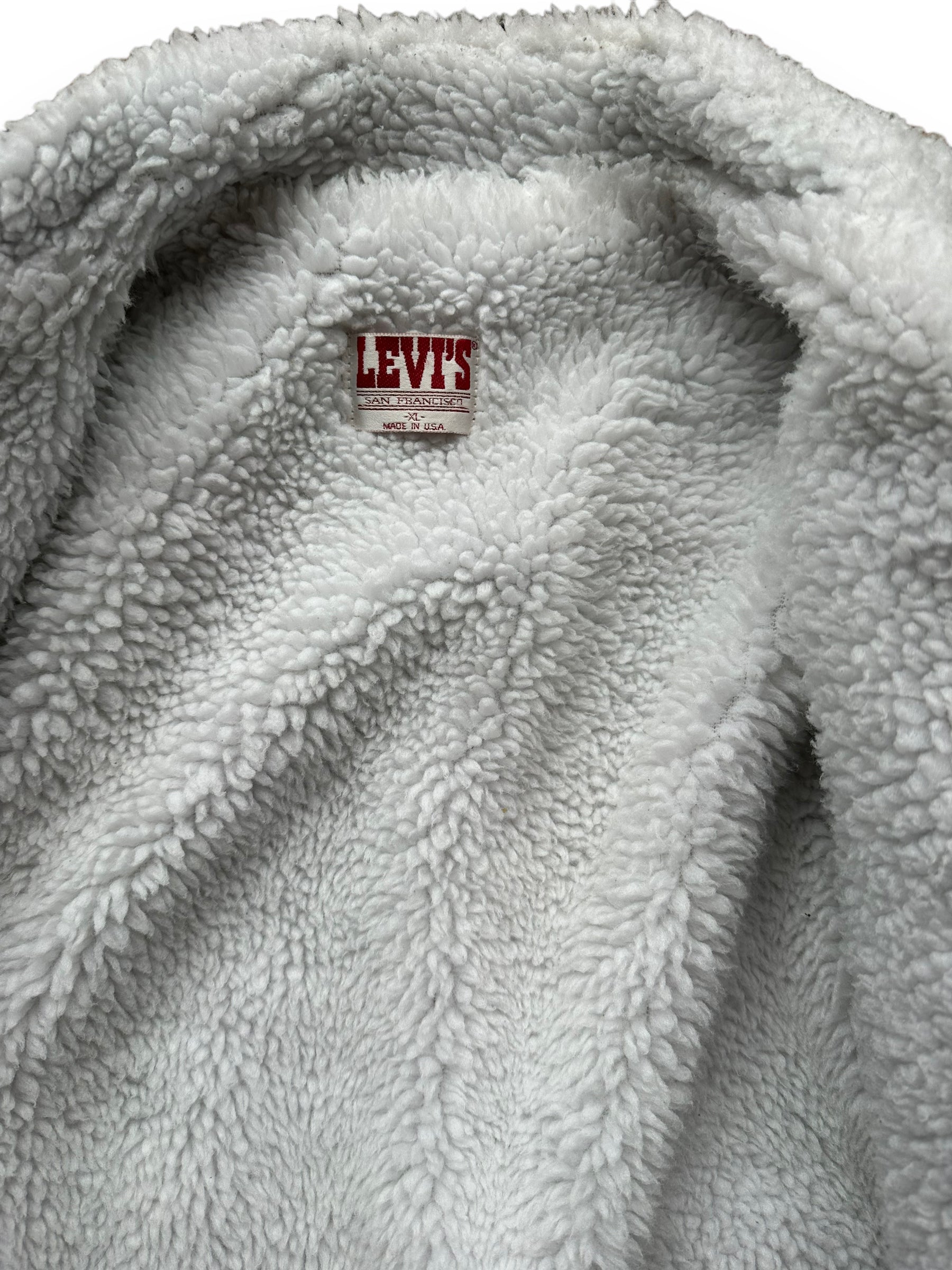 Size Tag View of Vintage Levis Sherpa Type III Denim Jacket SZ XL | Vintage Denim Workwear Seattle | Barn Owl Seattle