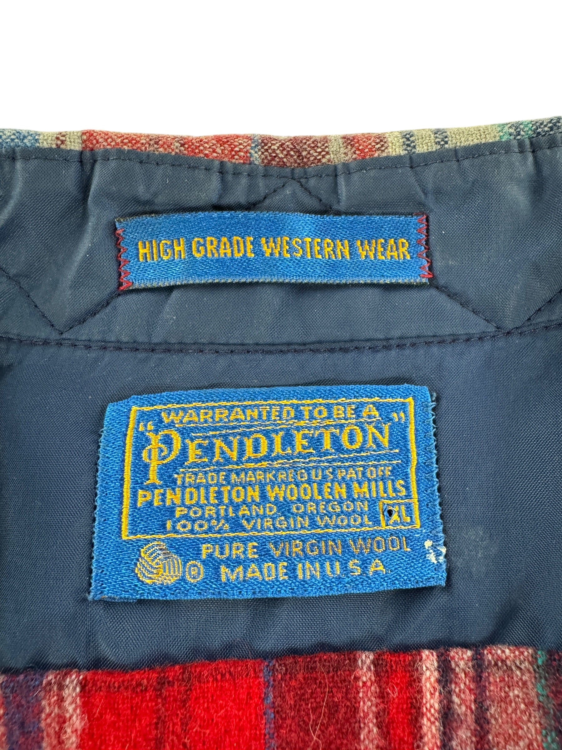 Label on Vintage Red Pendleton Western Wear Pearlsnap SZ XL