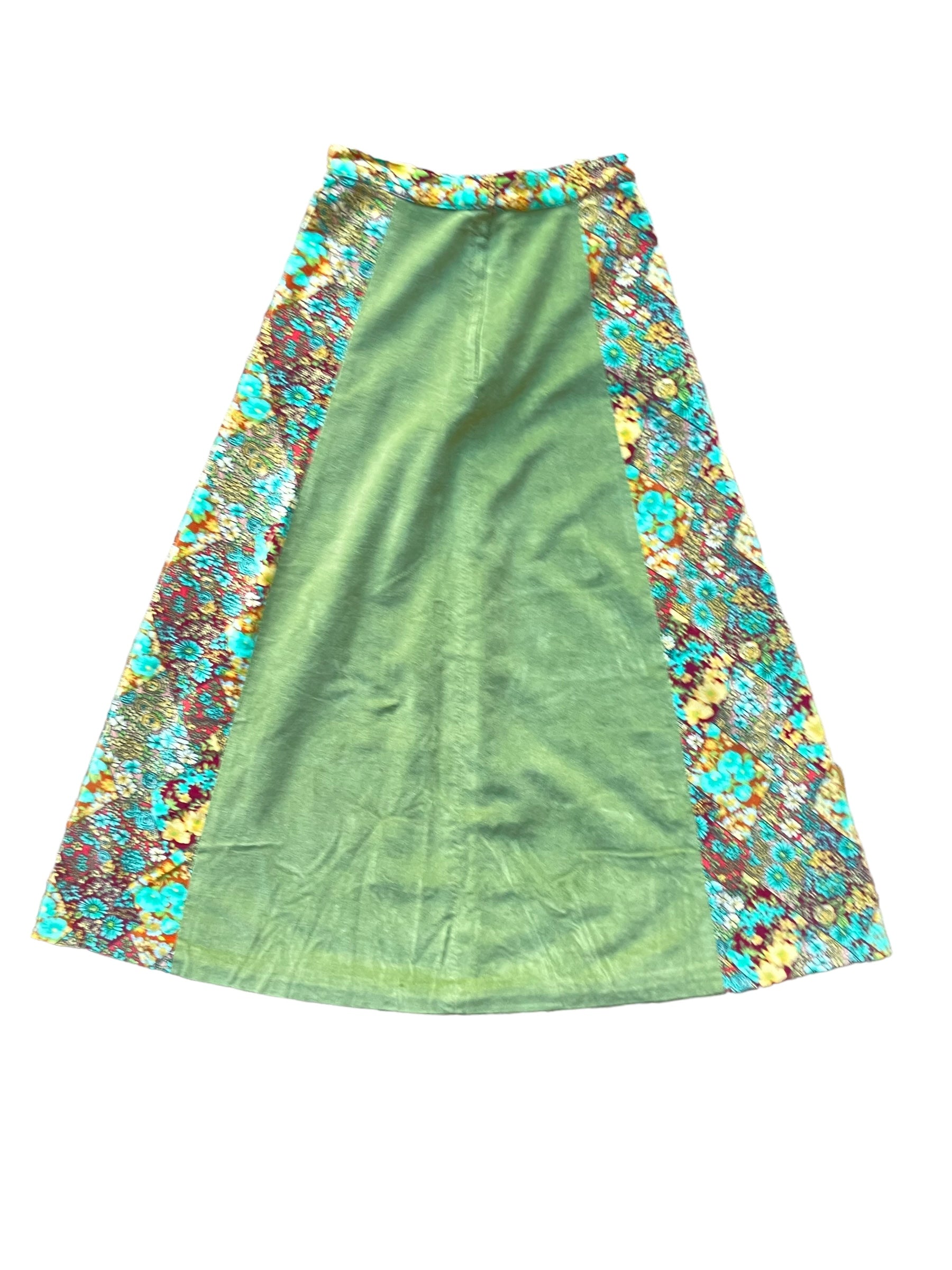 Full back view of 1970s Green Floral Velvet Skirt SZ S