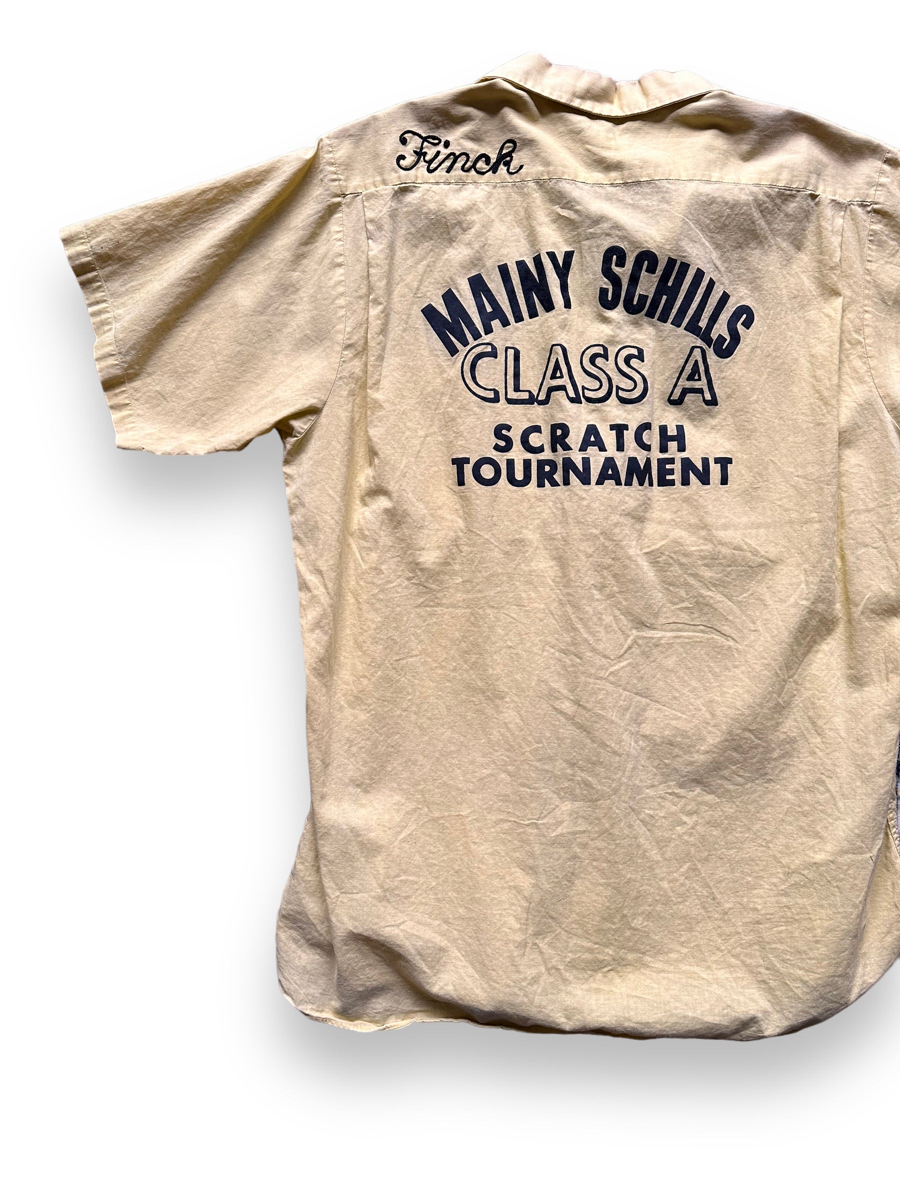 back left of Vintage Mainy Schills Class A Scratch Tournament Bowling Shirt SZ L | Vintage Bowling Shirt Seattle | Barn Owl Vintage Seattle