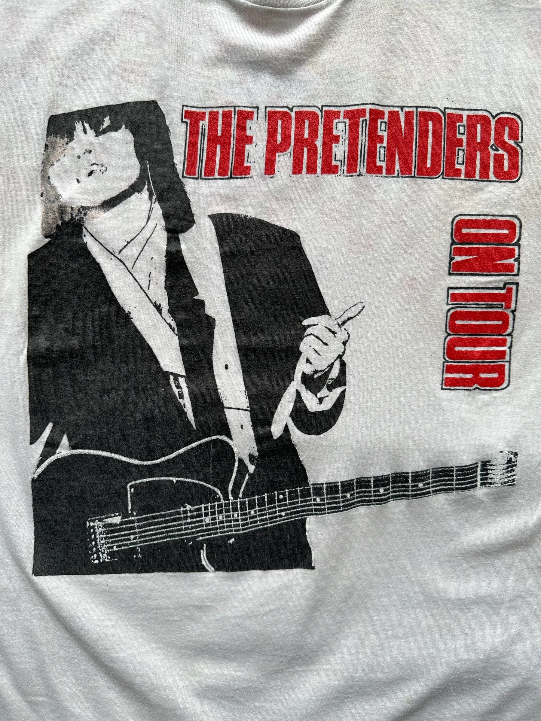 Front Graphic Close Up on Vintage Pretenders On Tour Bootleg Tee SZ L |  Barn Owl Vintage Clothing | Vintage Chrissie Hynde Rock Tees Seattle