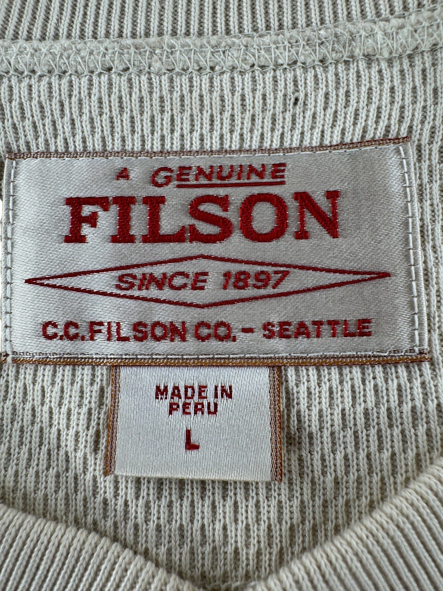 Label on Filson Sand Waffle Knit Henley SZ L