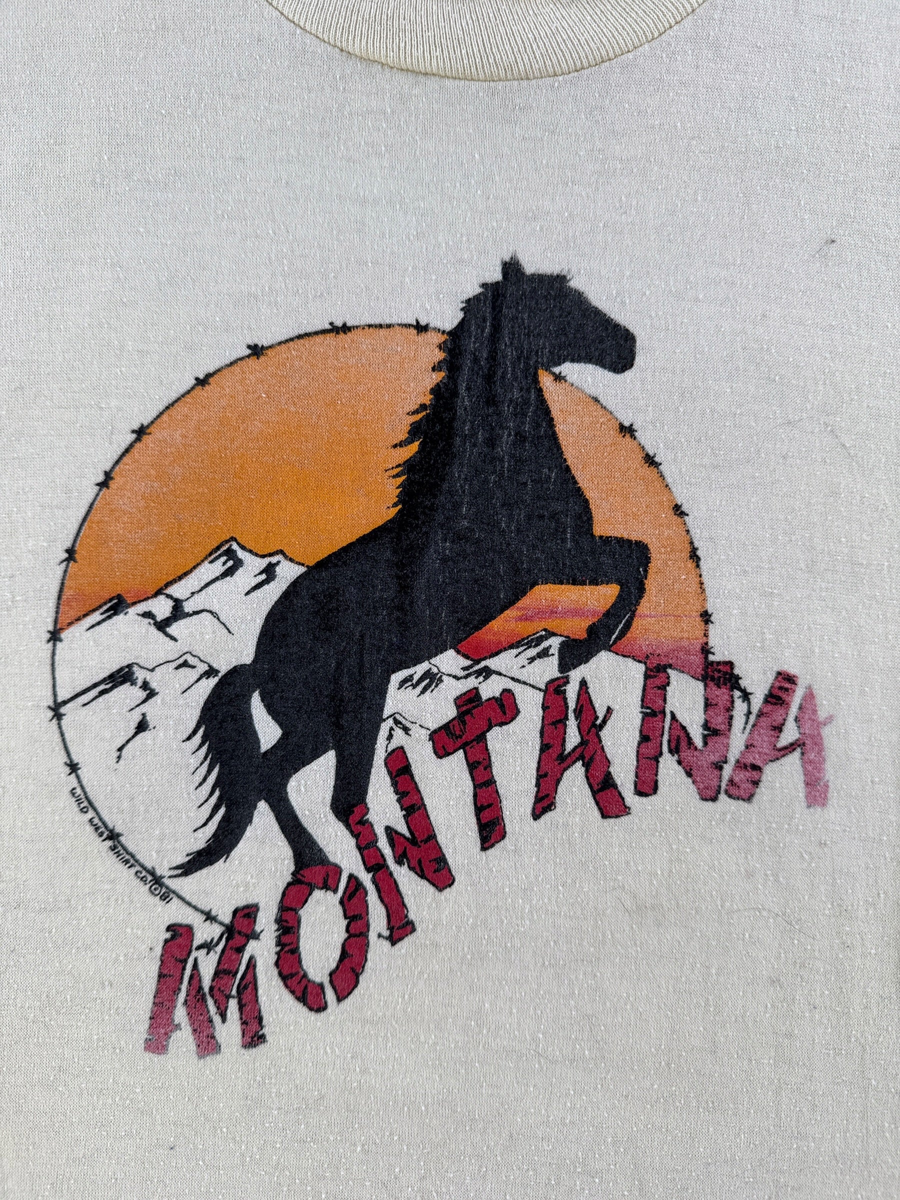 Front graphic on Vintage Montana Barbwire Horse Tee SZ S (Fits XS)