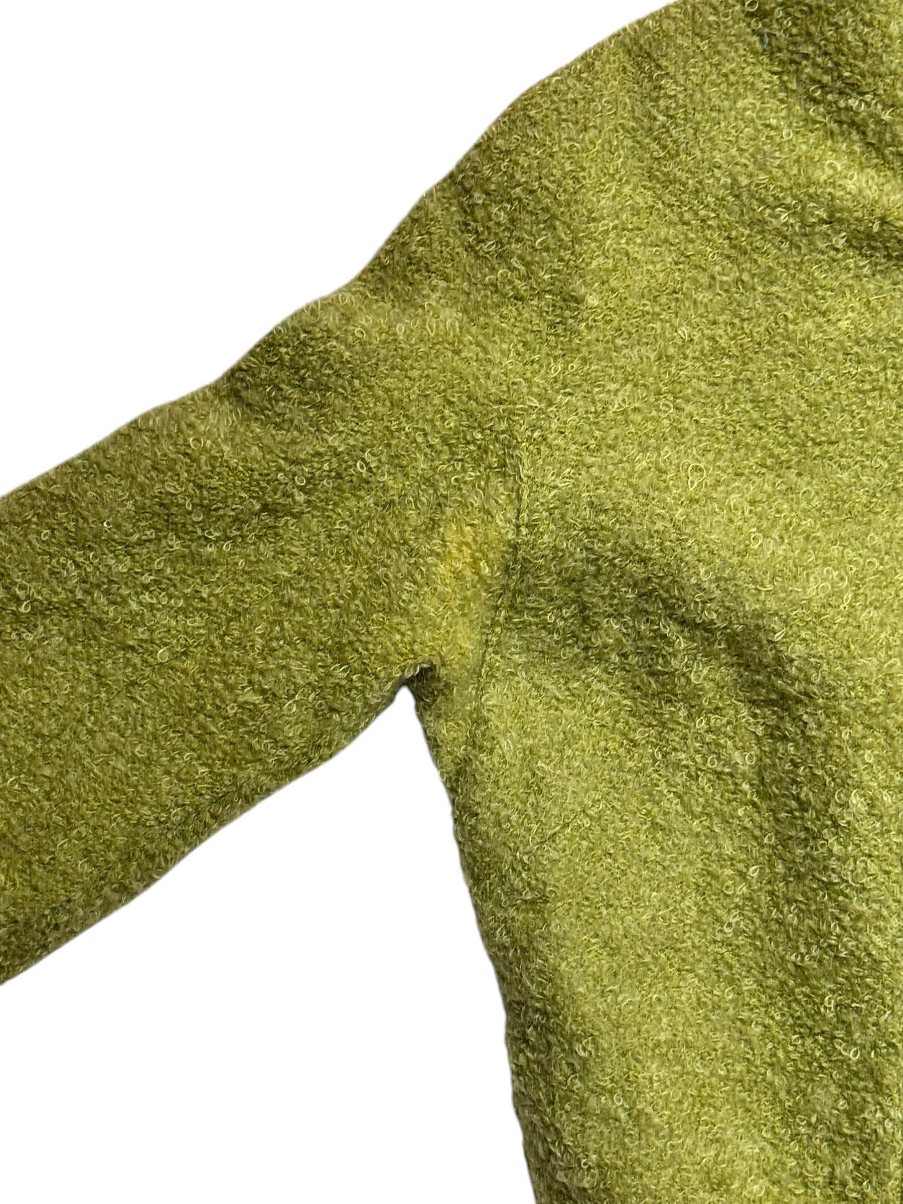 Underarm view of 1960s Pea Green Loopy Boucle Dress S