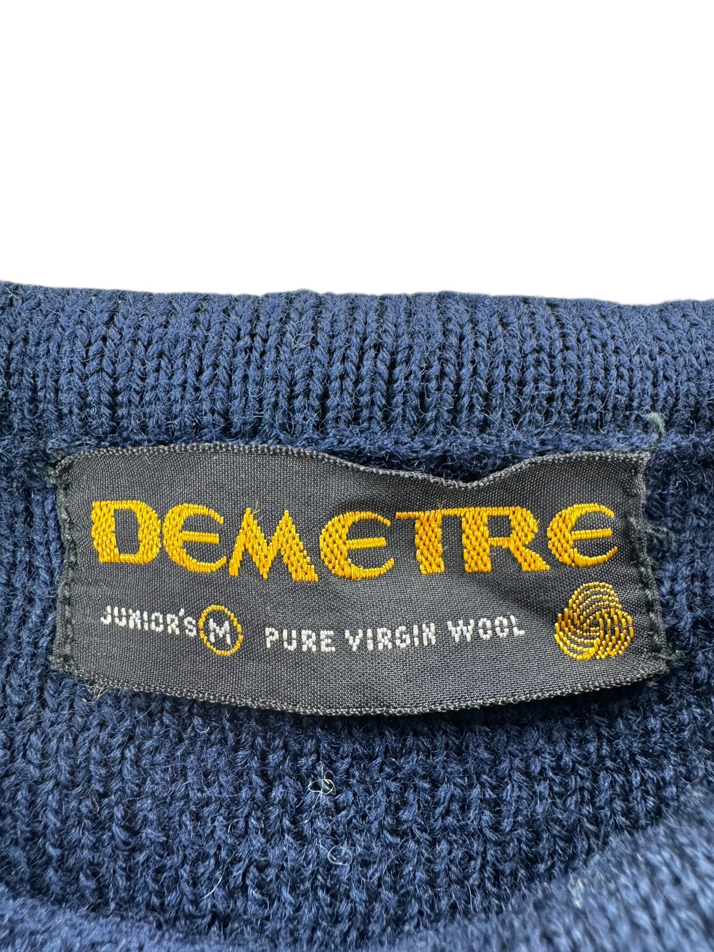 Label on Vintage Navy & Yellow Demetre Seattle Wool Ski Sweater SZ Kids M (Fits XS)