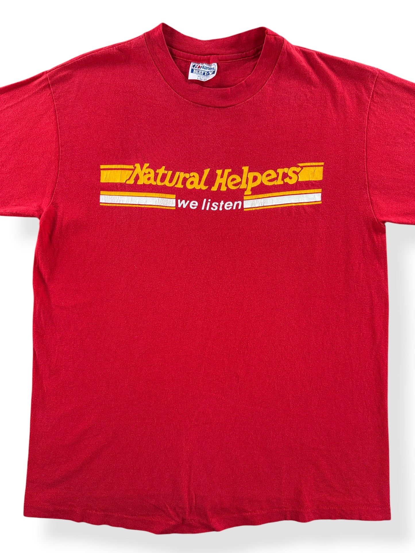 Front Close Up of Vintage Natural Helpers Tee SZ L (Fits M)