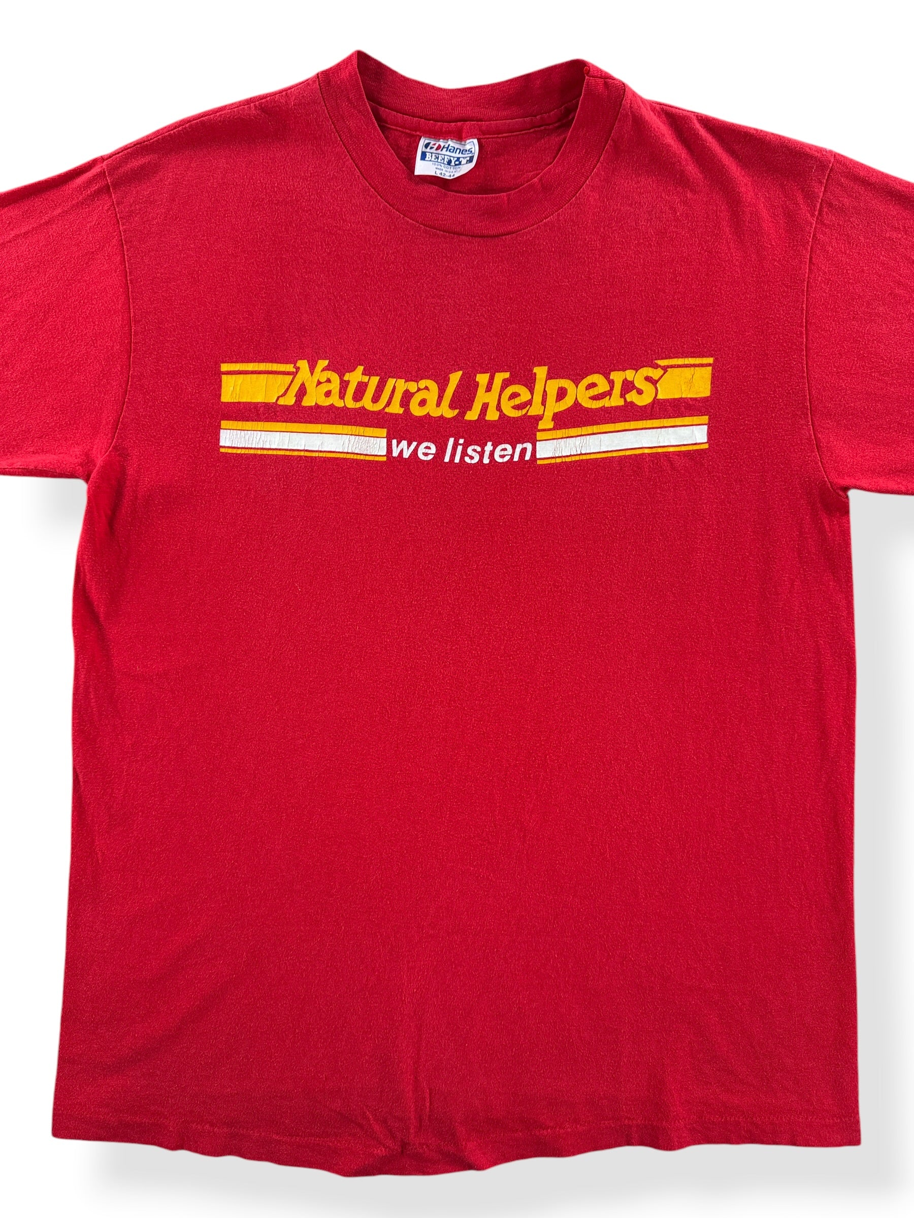 Front Close Up of Vintage Natural Helpers Tee SZ L (Fits M)