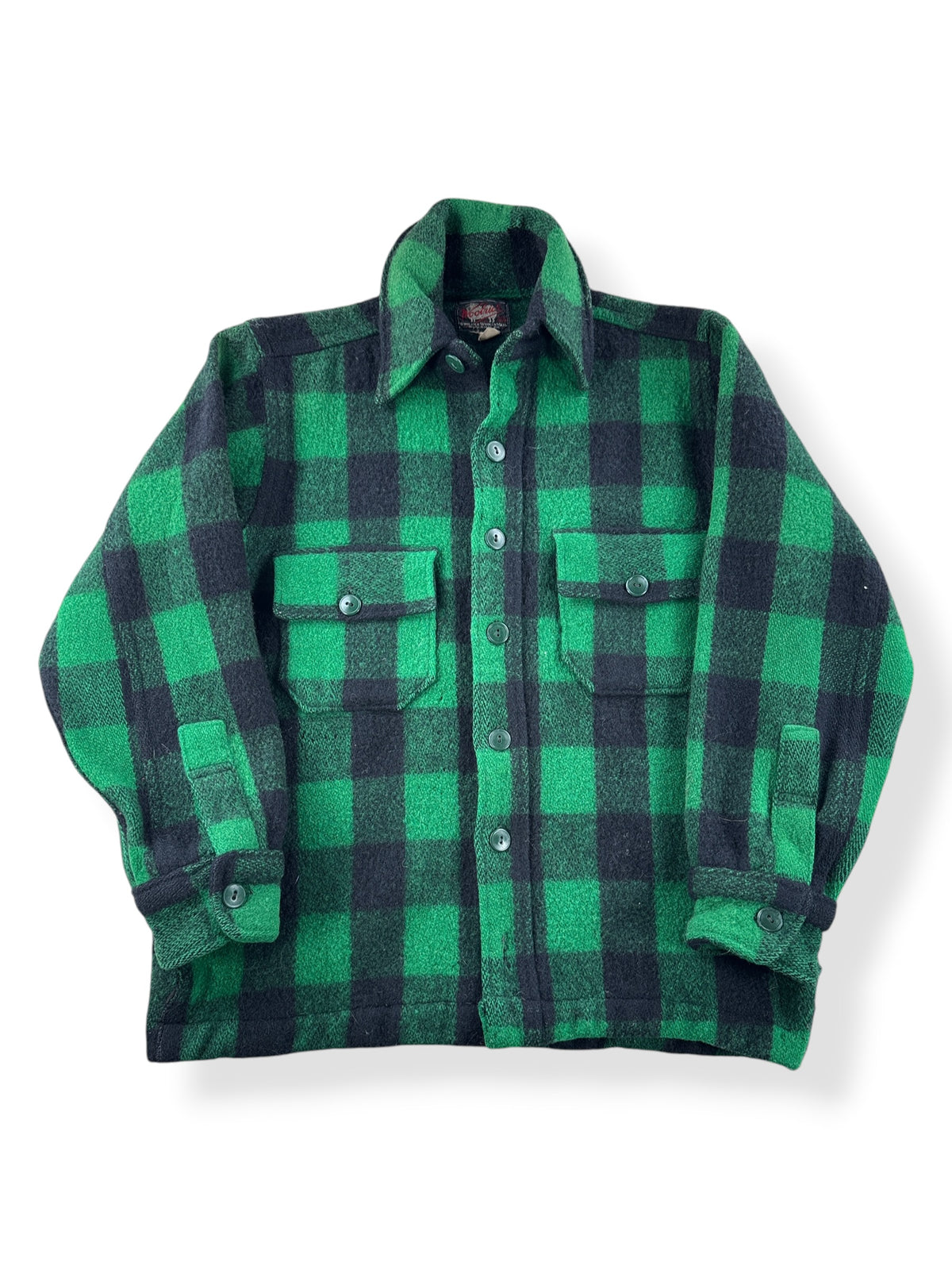 Front of Vintage 50s Woolrich Green Buffalo Plaid Wool Flannel SZ 15