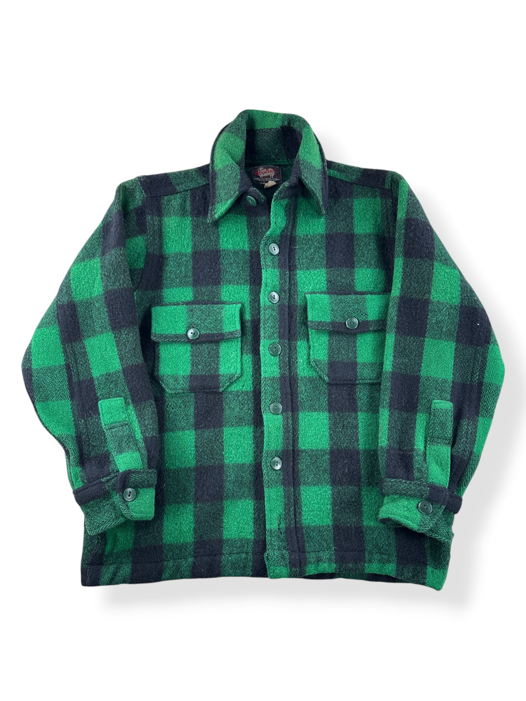 Front of Vintage 50s Woolrich Green Buffalo Plaid Wool Flannel SZ 15