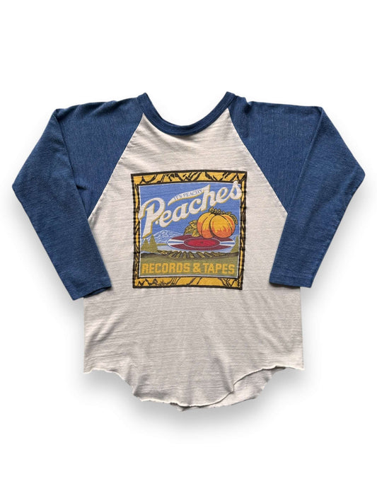 front of Vintage Peaches Records Raglan Tee SZ M