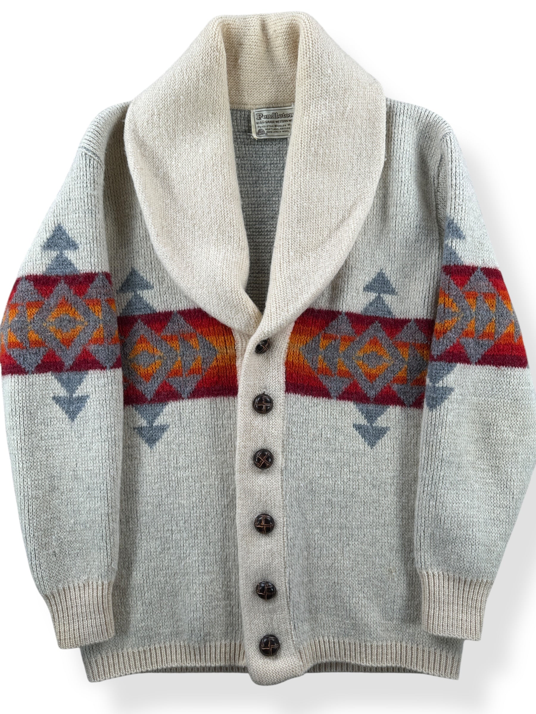 Front Close Up of Vintage Pendleton Shawl Collar Wool Sweater SZ S
