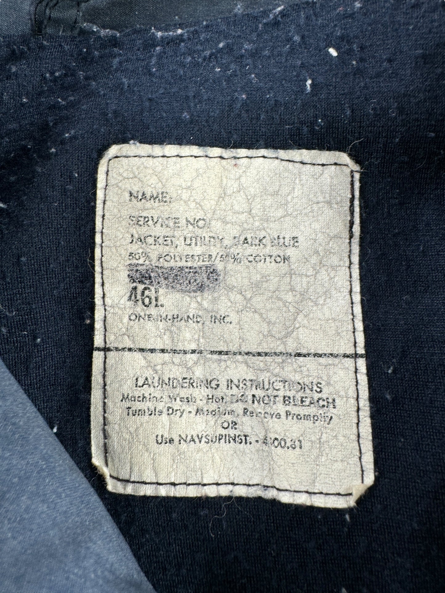 Label on Vintage USN Utility Jacket Dark Blue SZ 46L