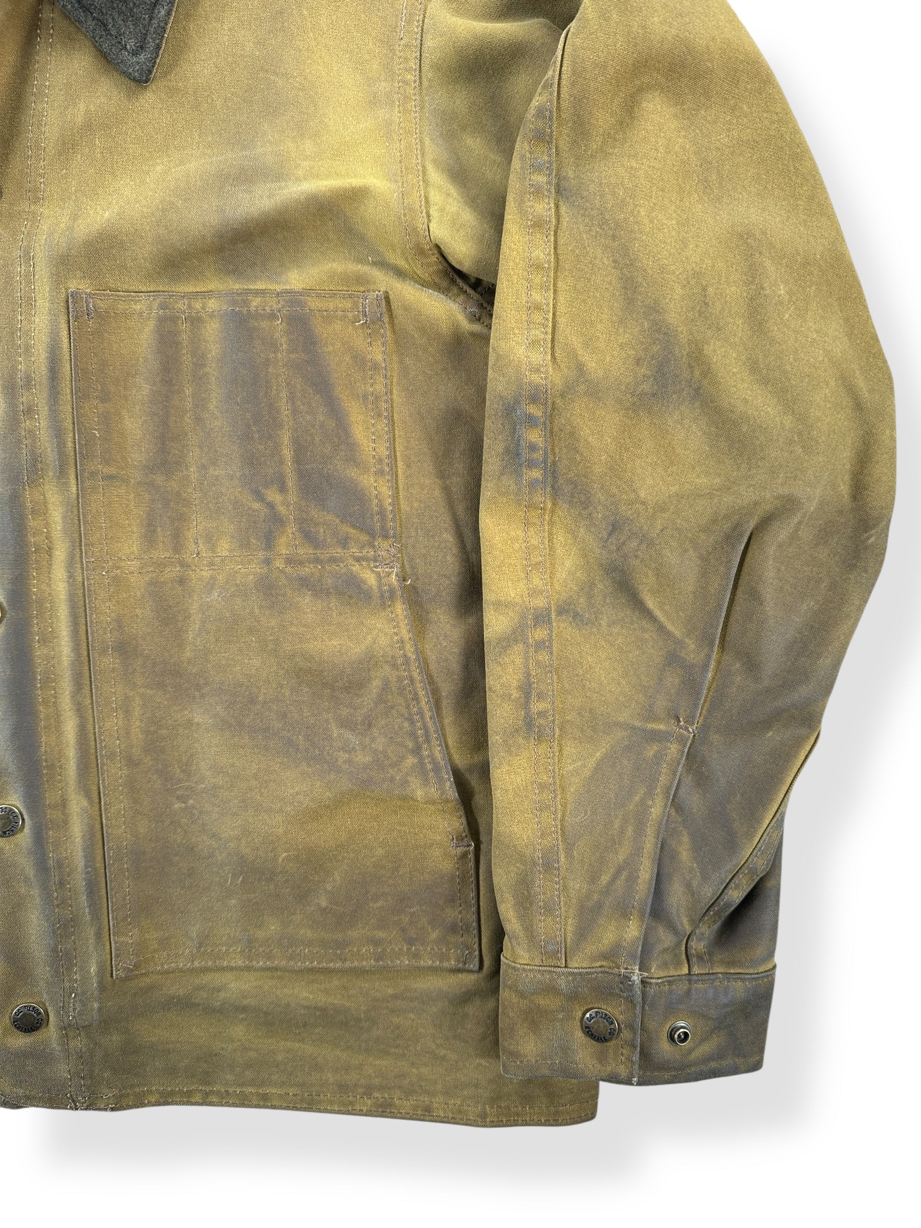 Front Left of Modern Filson Dark Tan Tin Cloth Jacket SZ S