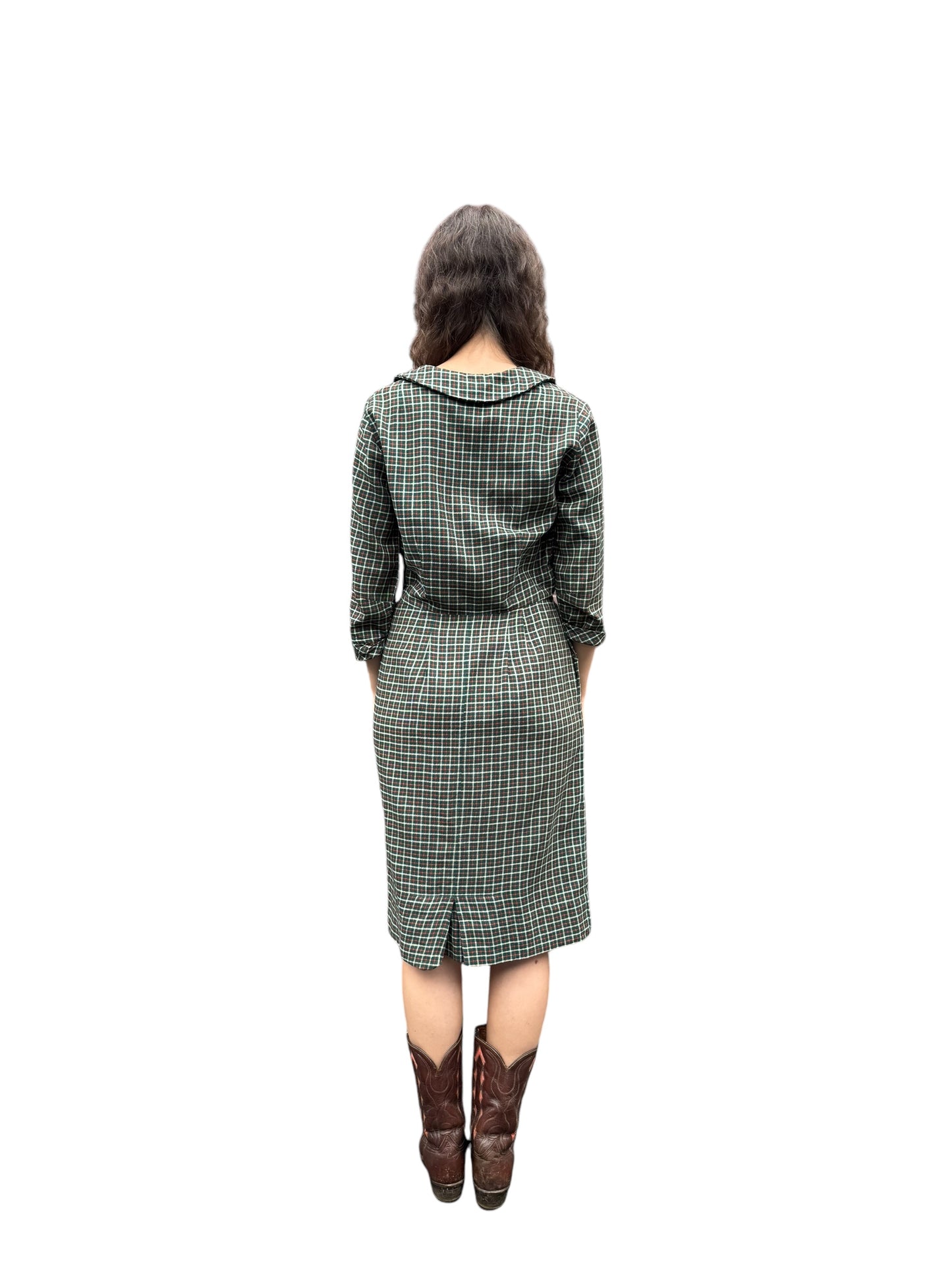 Back model view of 1940s Plaid Viyella Wool Dress S-M