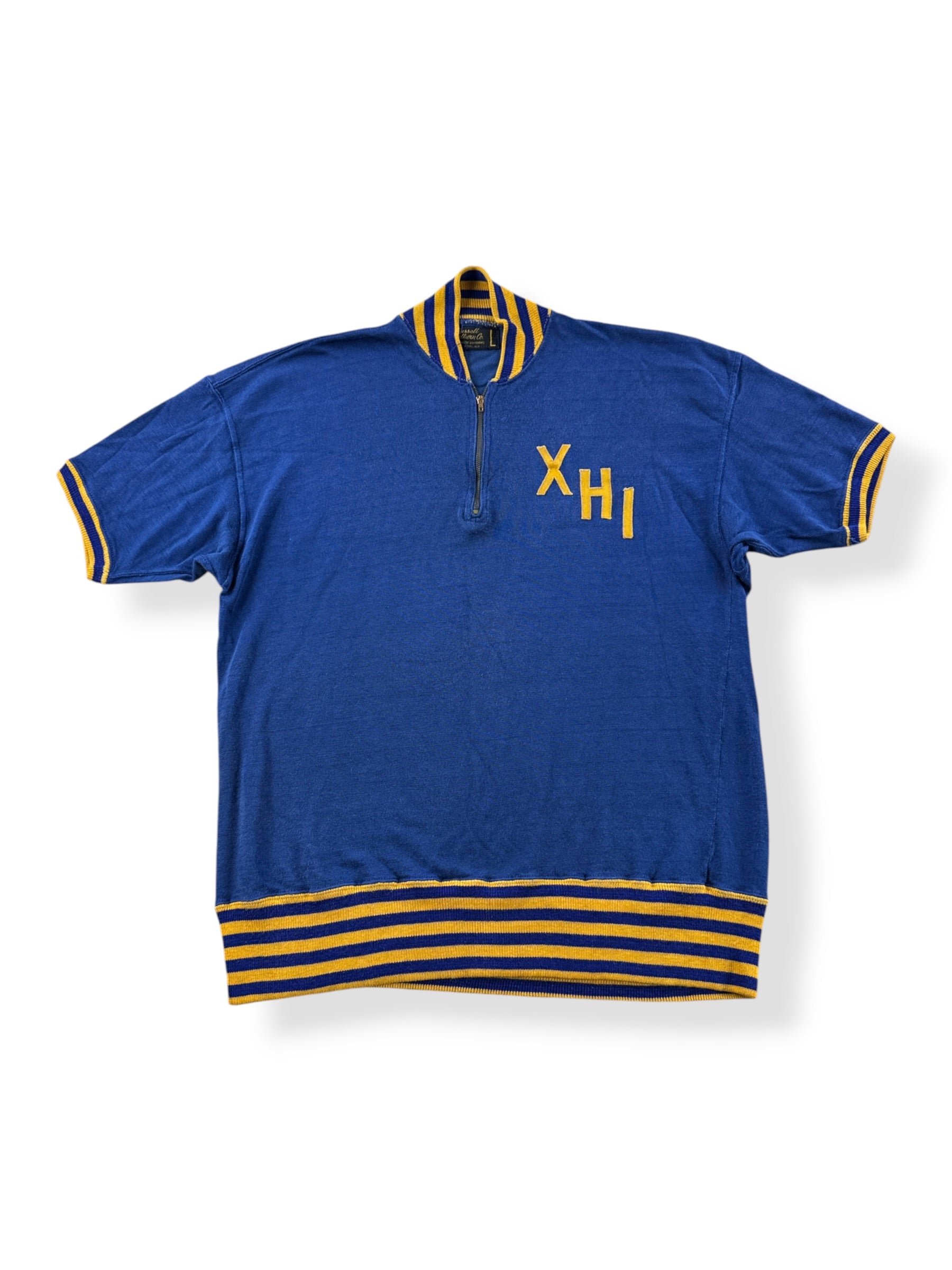 Front of Vintage Russell Southern Blue & Yellow 1/4 Zip Durene Jersey SZ L (Fits M)