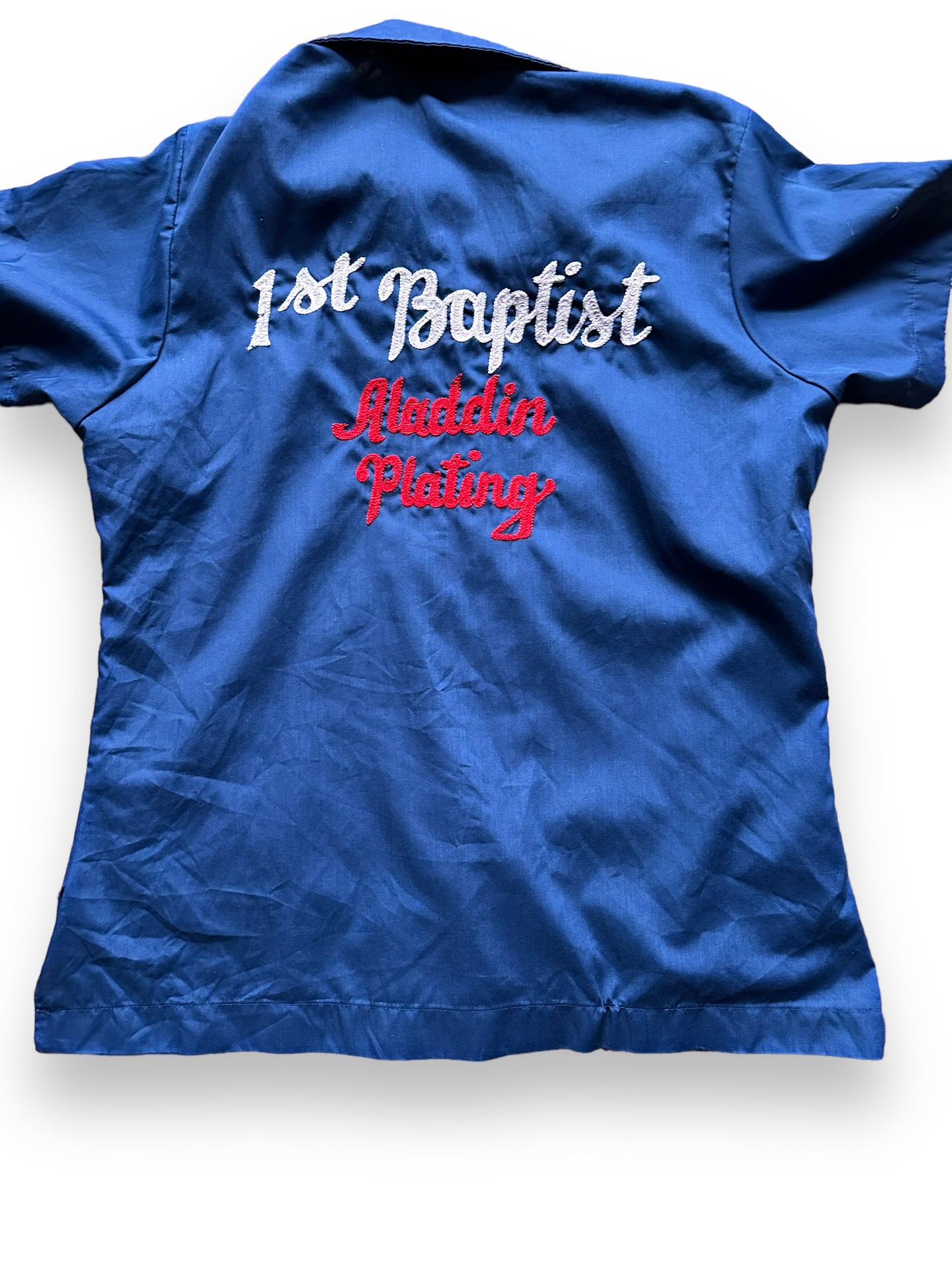 back close up of Vintage 1st Baptist Aladdin Plating Ladies Bowling Shirt SZ 36 | Vintage Bowling Shirt Seattle | Barn Owl Vintage Seattle