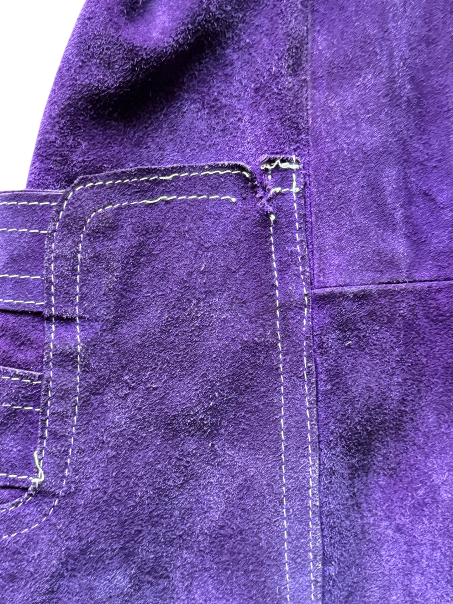 Ripped right front pocket view of 1960s Purple Suede Trench Coat S