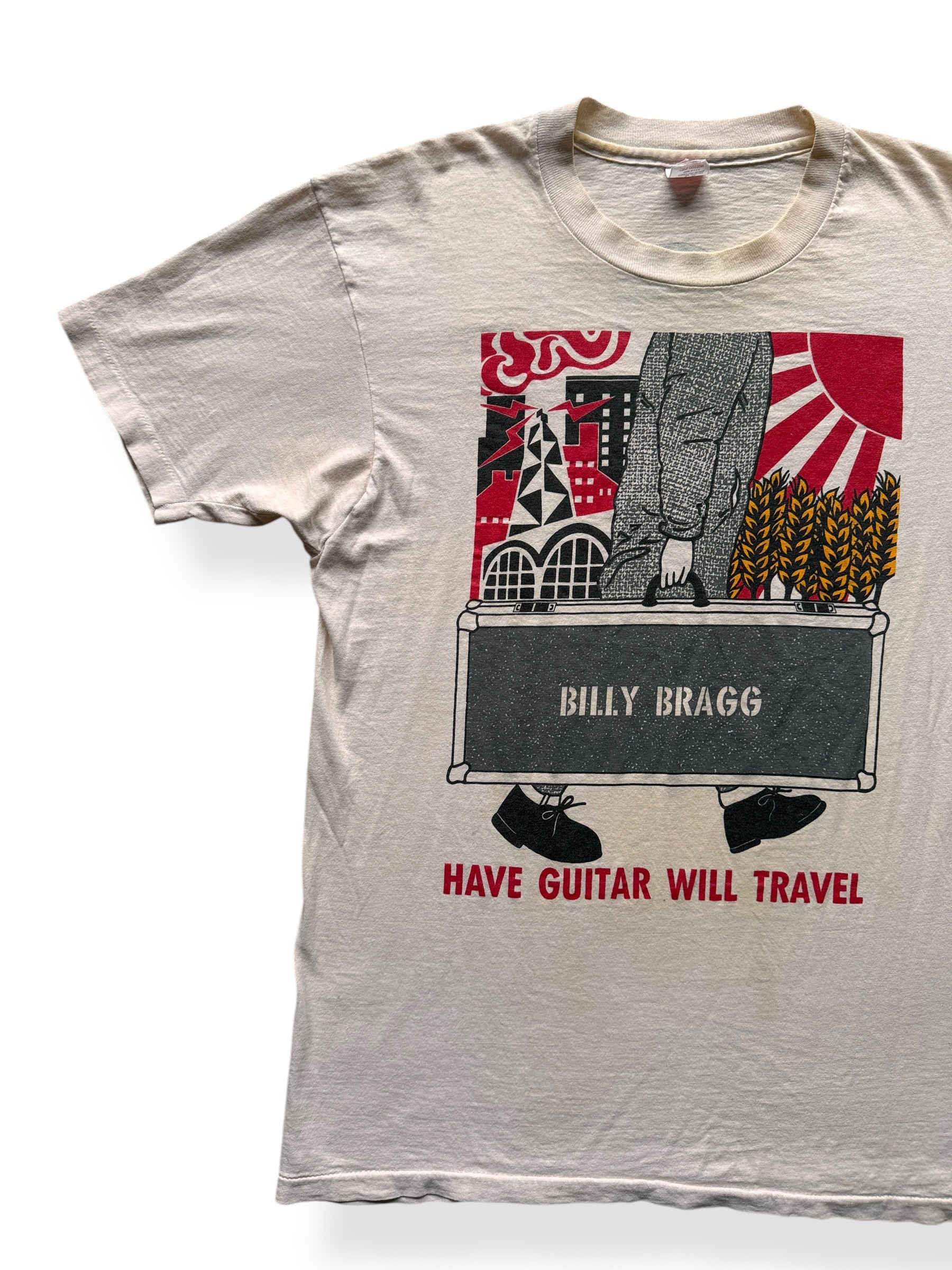 Front Right of Vintage Billy Bragg Have Guitar Will Travel Band Tee SZ L