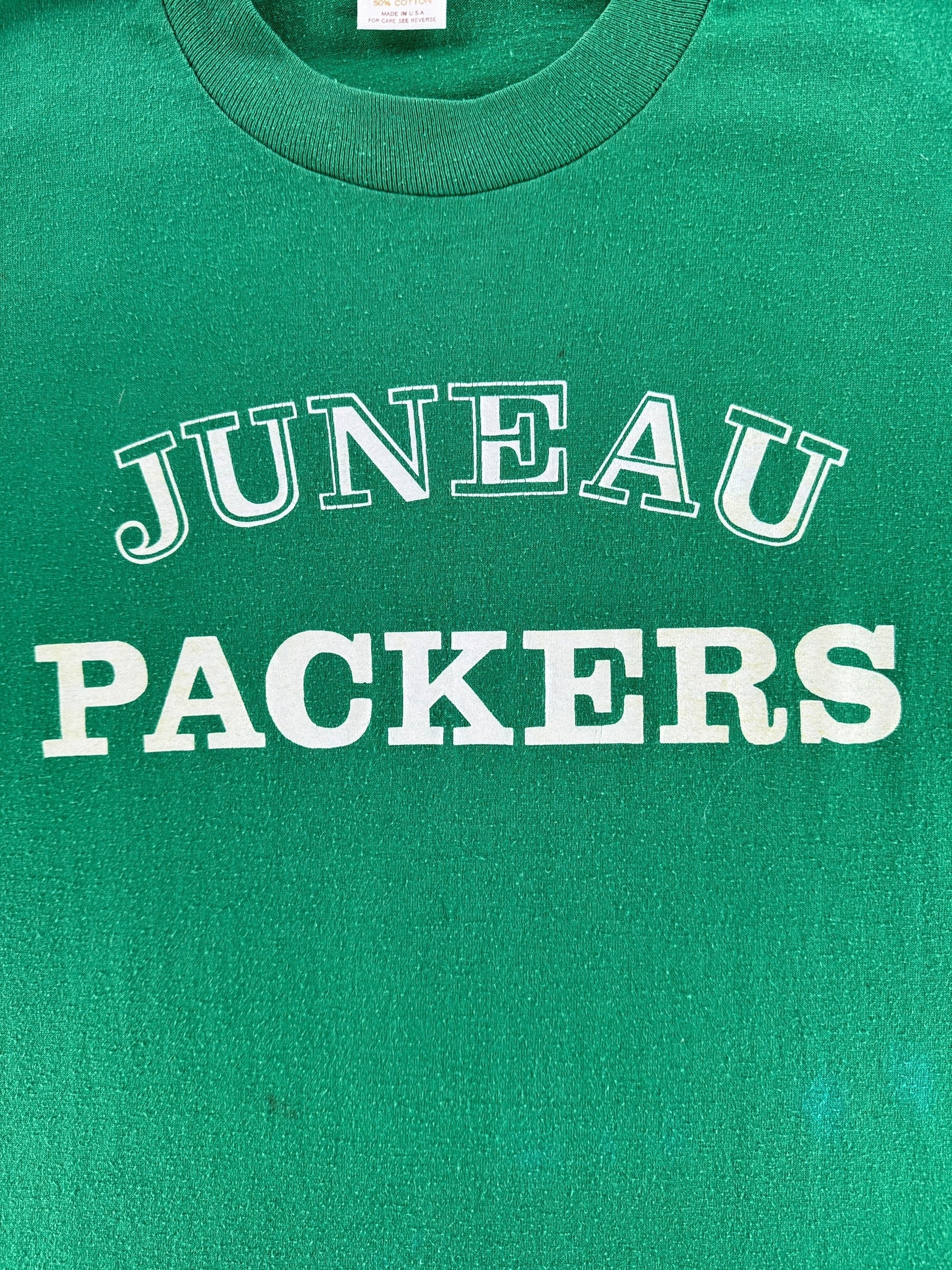 Front Graphic of Vintage Green Juneau Packers Tee SZ M