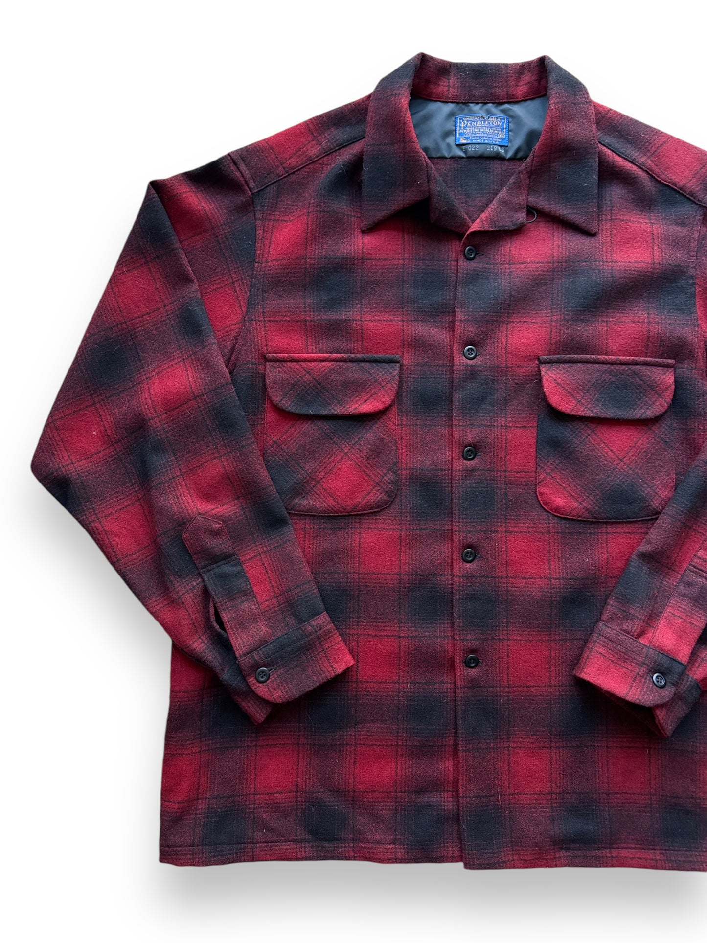 front right of Vintage Pendleton Red/Black Shadowplaid Board Shirt SZ XL