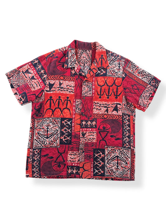 Front of Vintage Red + Orange Print Barkcloth Aloha Shirt SZ L