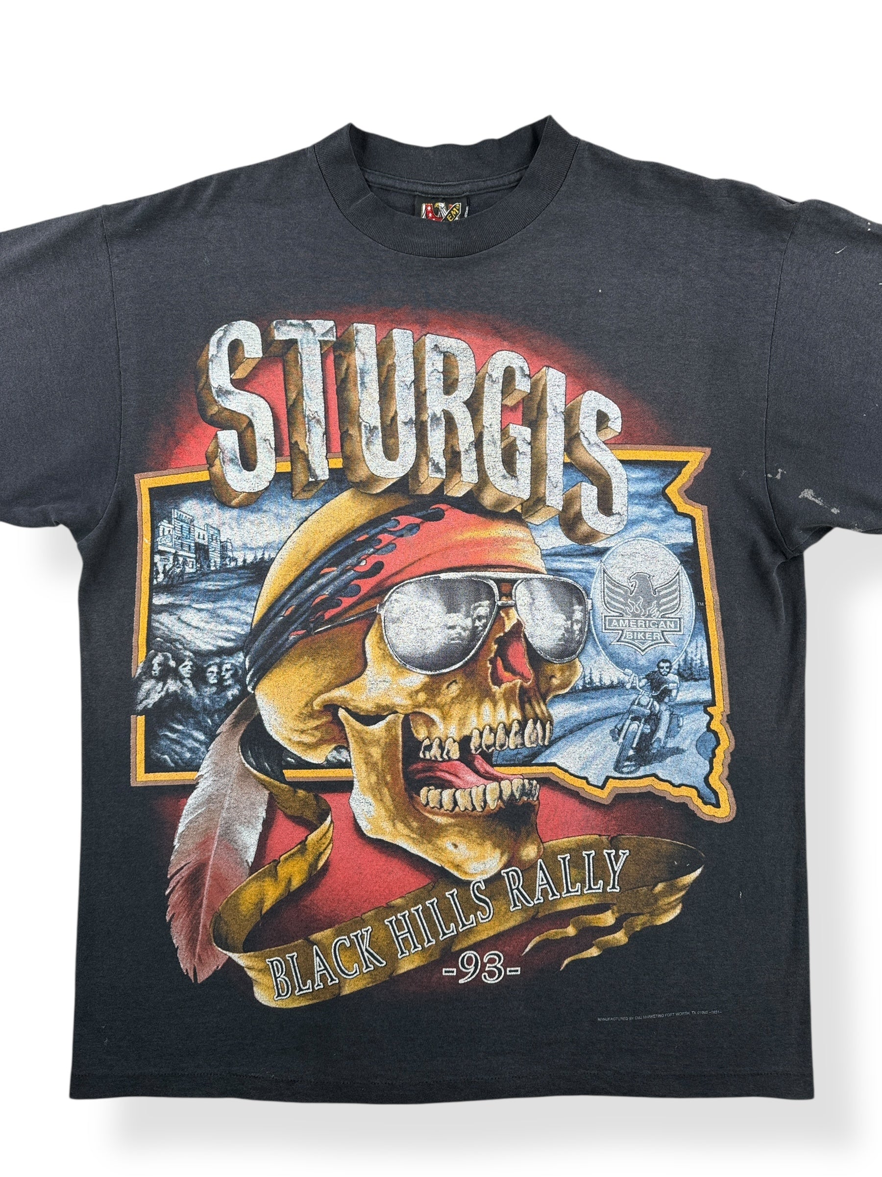 Front Close Up of Vintage '93 3D Emblem AOP Sturgis Tee SZ XL